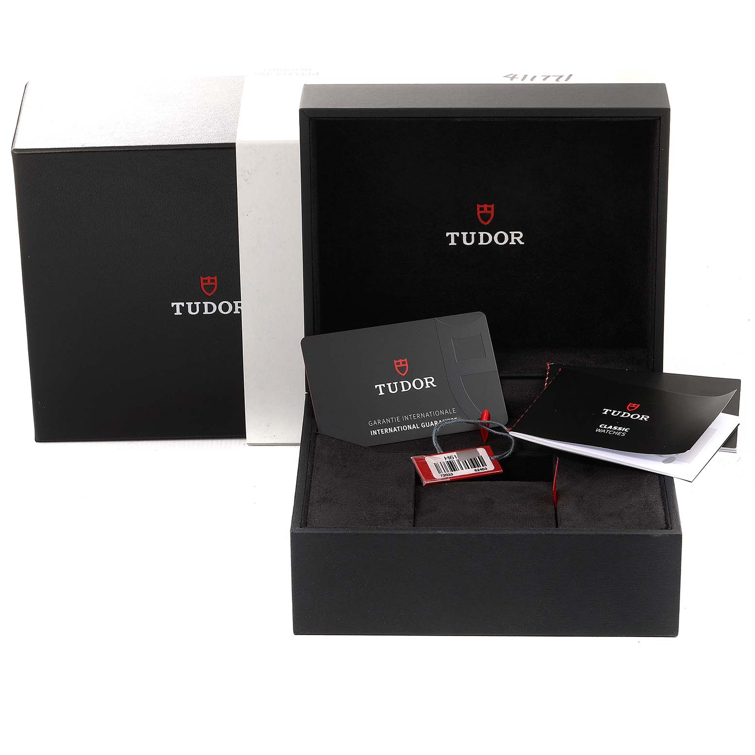 This image shows the packaging and accessories for the Tudor Prince 72033 Men's Steel and Gold (two tone) Champagne Dial 72033 Men's Steel and Gold (two tone) Champagne Dial model, including a box, warranty card, and manual.