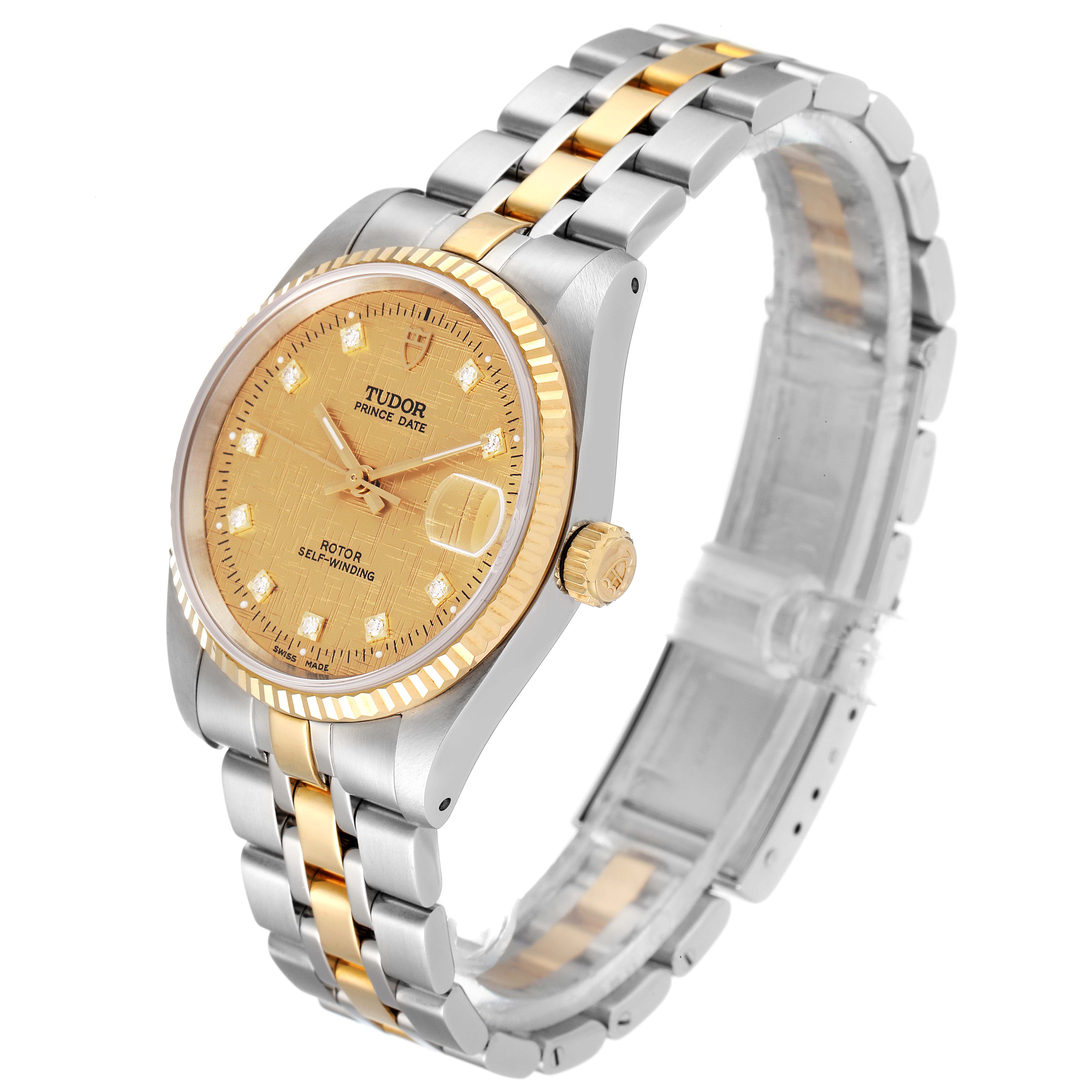 The Tudor Prince 72033 Men's Steel and Gold (two tone) Champagne Dial 72033 Men's Steel and Gold (two tone) Champagne Dial watch is shown at an angle, highlighting its gold and silver bracelet, gold dial, and case with a date feature.