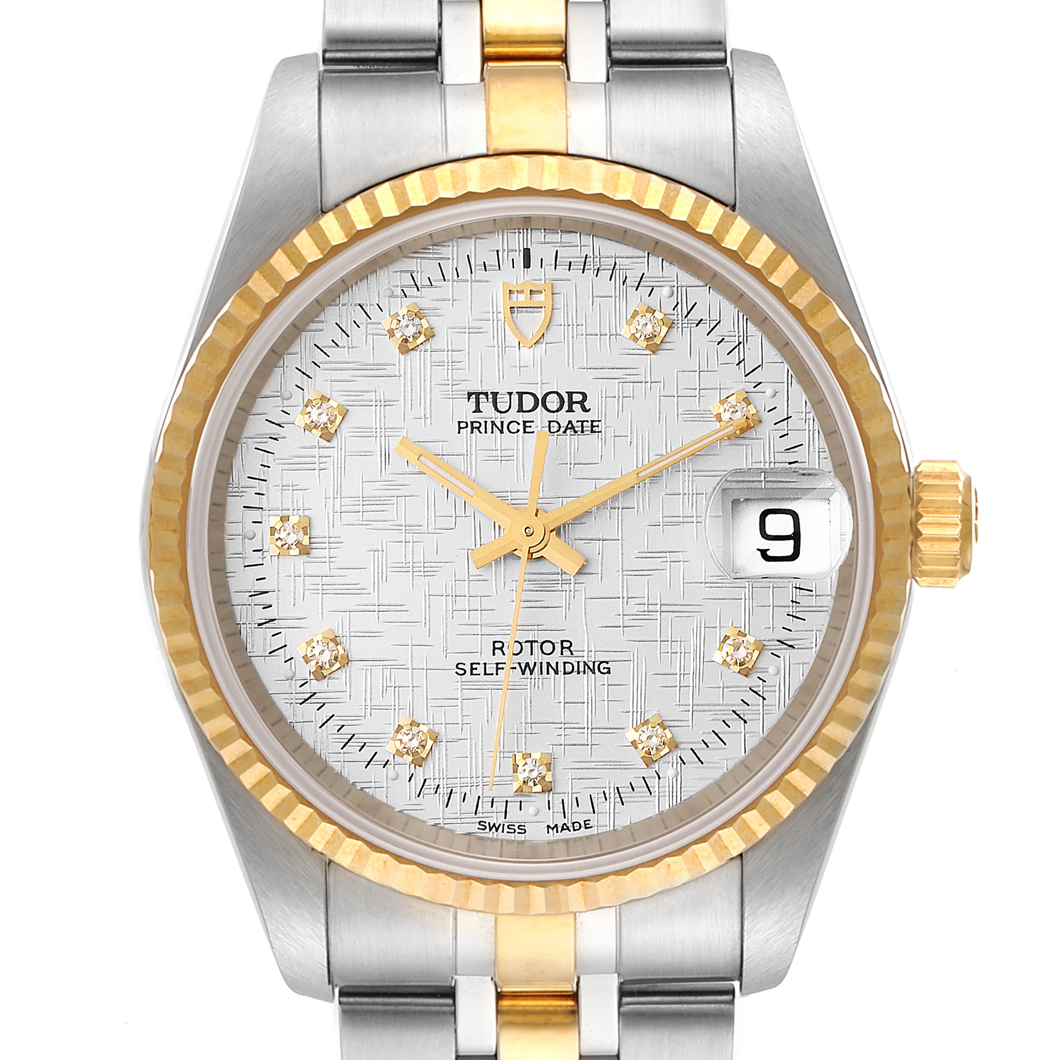 The image shows a front view of the Tudor Prince 72033 Men's Steel and Gold (two tone) Silver Dial 72033 Men's Steel and Gold (two tone) Silver Dial model watch, displaying its dial, hands, date window, bezel, and bracelet.