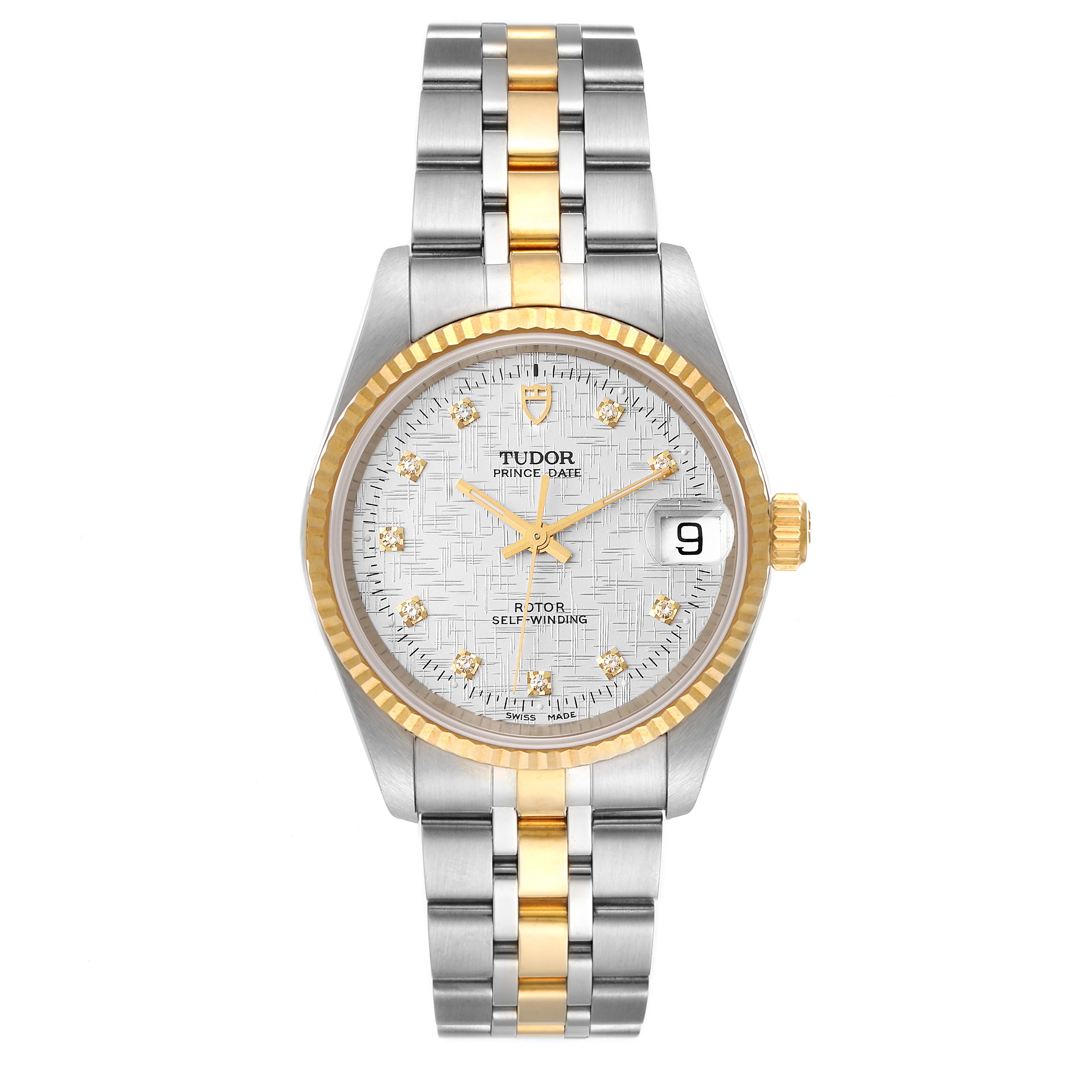 The image shows a full frontal view of the Tudor Prince 72033 Men's Steel and Gold (two tone) Silver Dial 72033 Men's Steel and Gold (two tone) Silver Dial model watch, highlighting its dial, bezel, and bracelet.