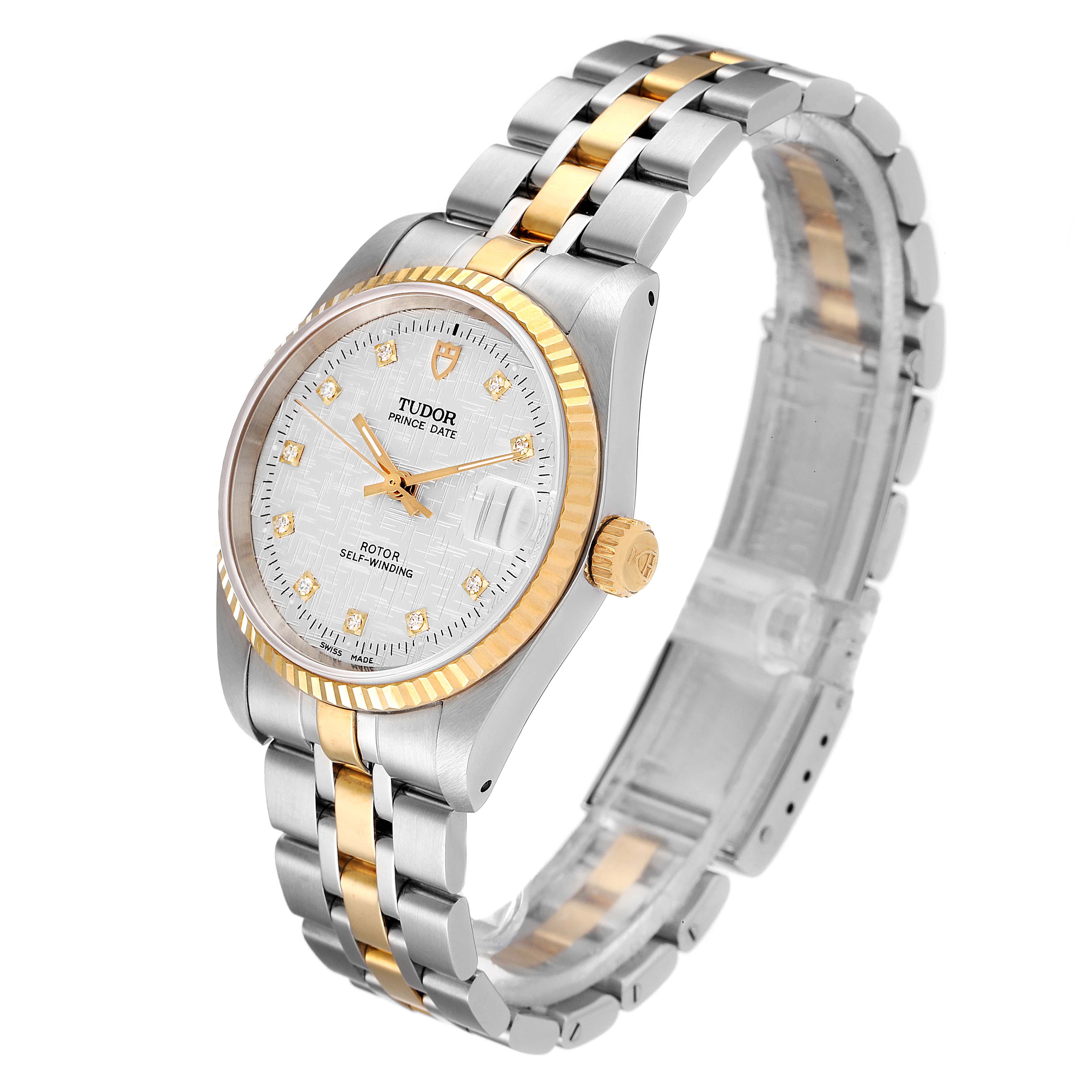 The image shows a Tudor Prince 72033 Men's Steel and Gold (two tone) Silver Dial 72033 Men's Steel and Gold (two tone) Silver Dial model watch at an angle highlighting its silver and gold bracelet, bezel, crown, and face.