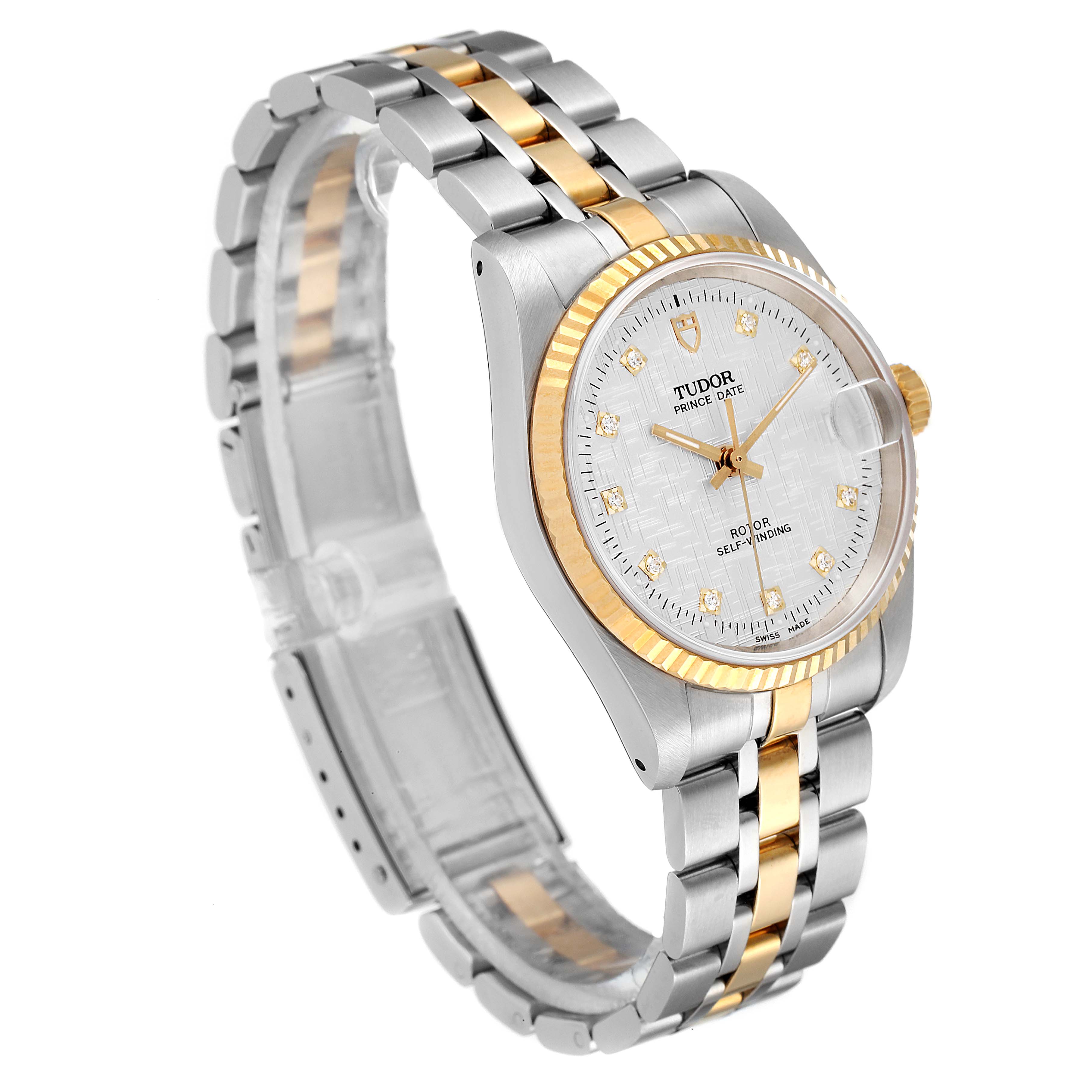 The image shows a side angle of the Tudor Prince 72033 Men's Steel and Gold (two tone) Silver Dial 72033 Men's Steel and Gold (two tone) Silver Dial model watch, highlighting its two-tone band, crown, bezel, and face.