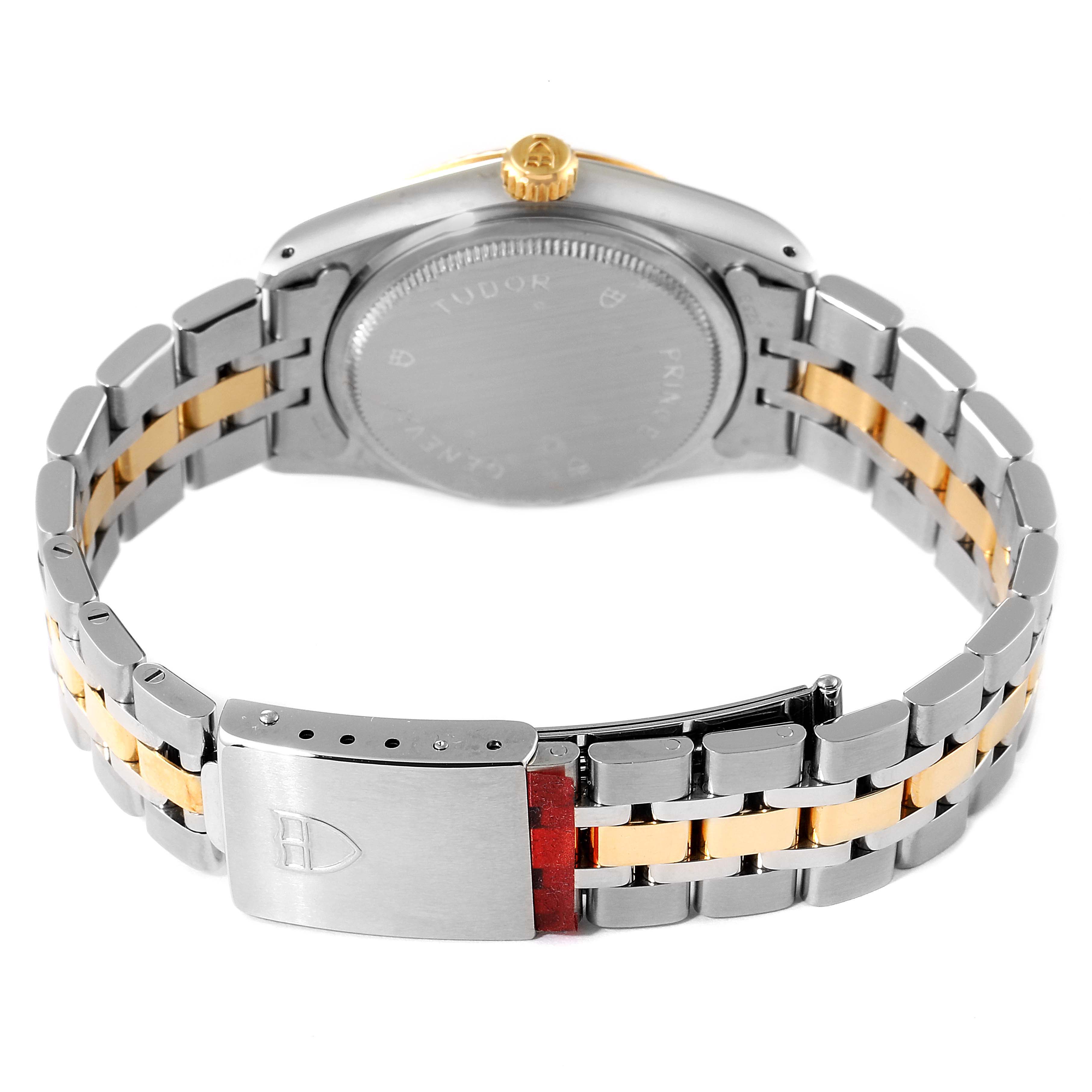 The image shows the back case, crown, and two-tone bracelet of a Tudor Prince 72033 Men's Steel and Gold (two tone) Silver Dial 72033 Men's Steel and Gold (two tone) Silver Dial watch.