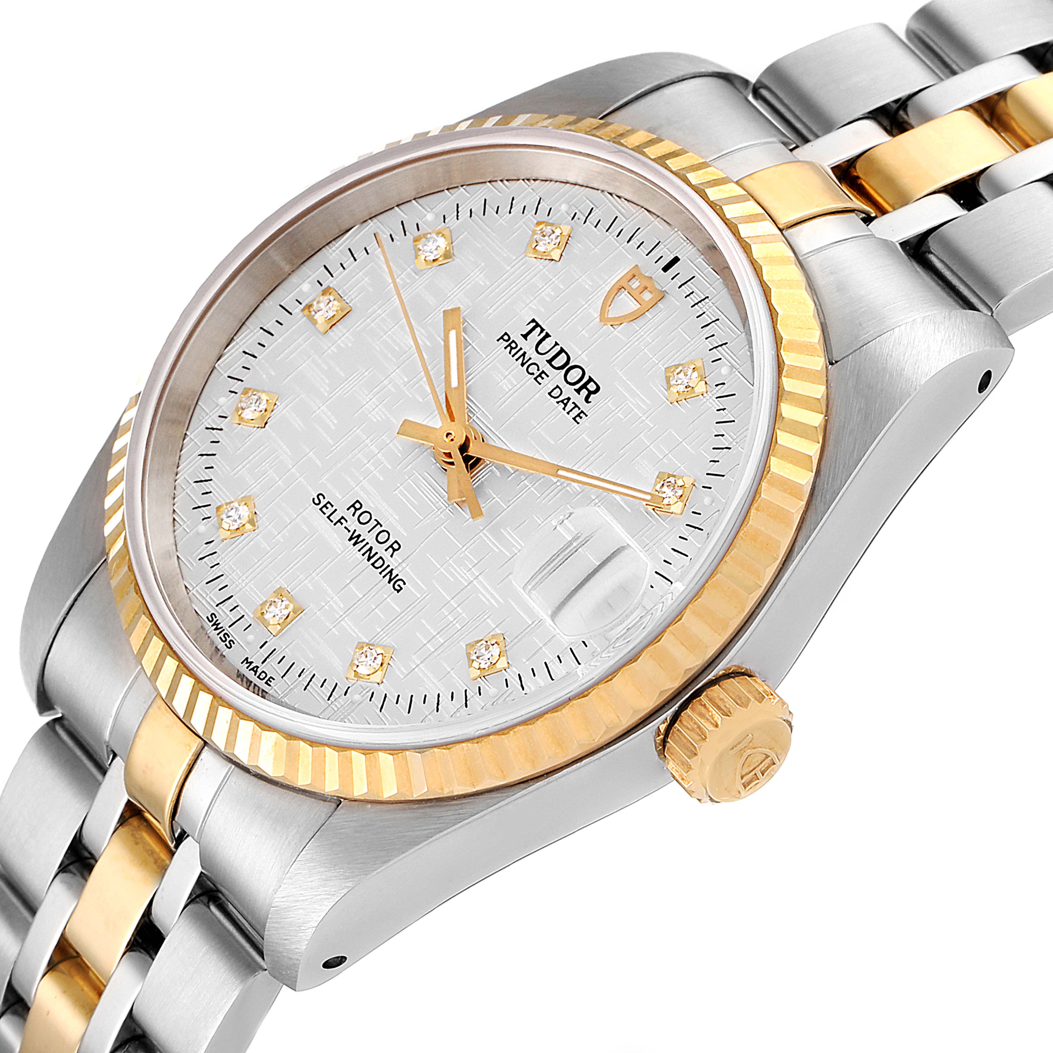 The image shows a Tudor Prince 72033 Men's Steel and Gold (two tone) Silver Dial 72033 Men's Steel and Gold (two tone) Silver Dial Date watch at a slight angle, highlighting its dial, bezel, crown, and part of the bracelet.