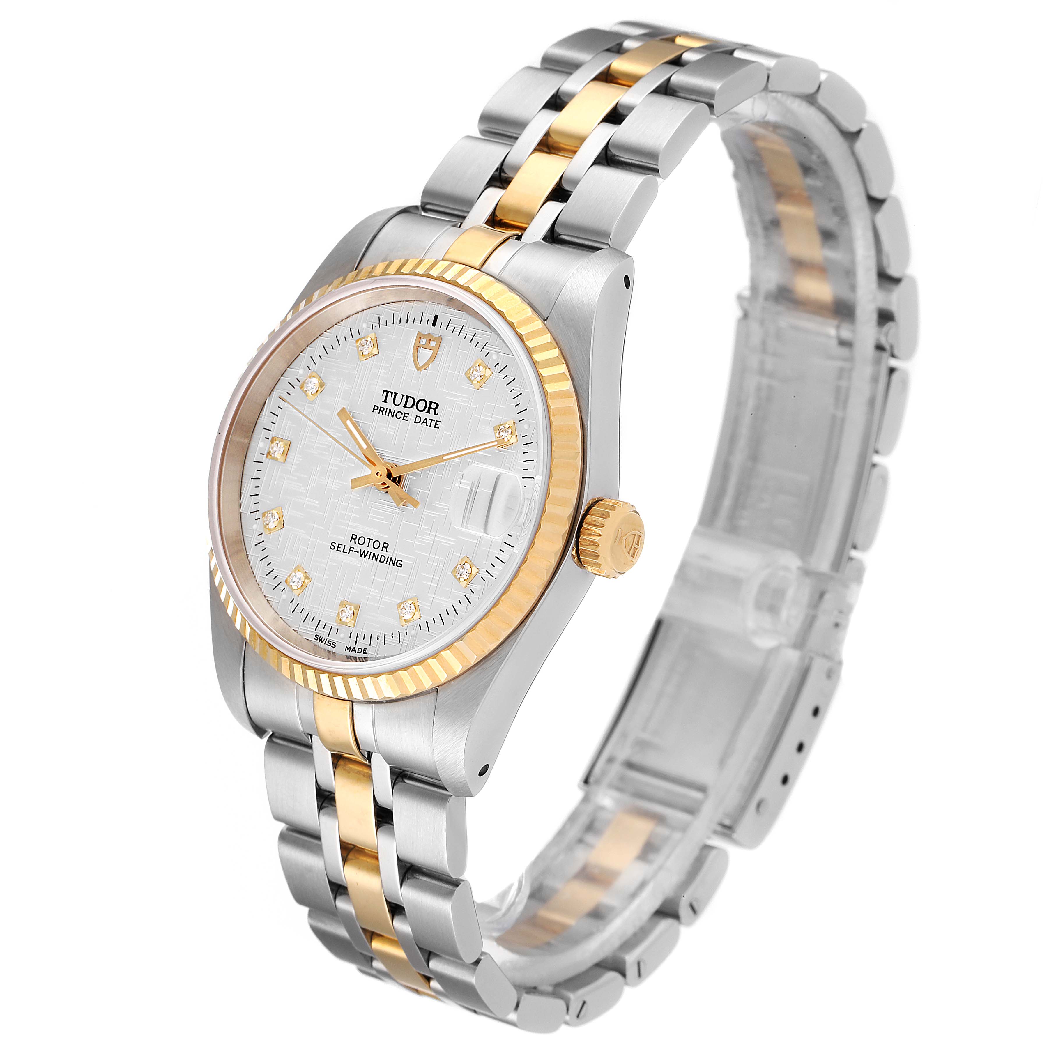This Tudor Prince 72033 Men's Steel and Gold (two tone) Silver Dial 72033 Men's Steel and Gold (two tone) Silver Dial model watch is shown at a slight angle, highlighting its face, bezel, crown, and two-tone bracelet.