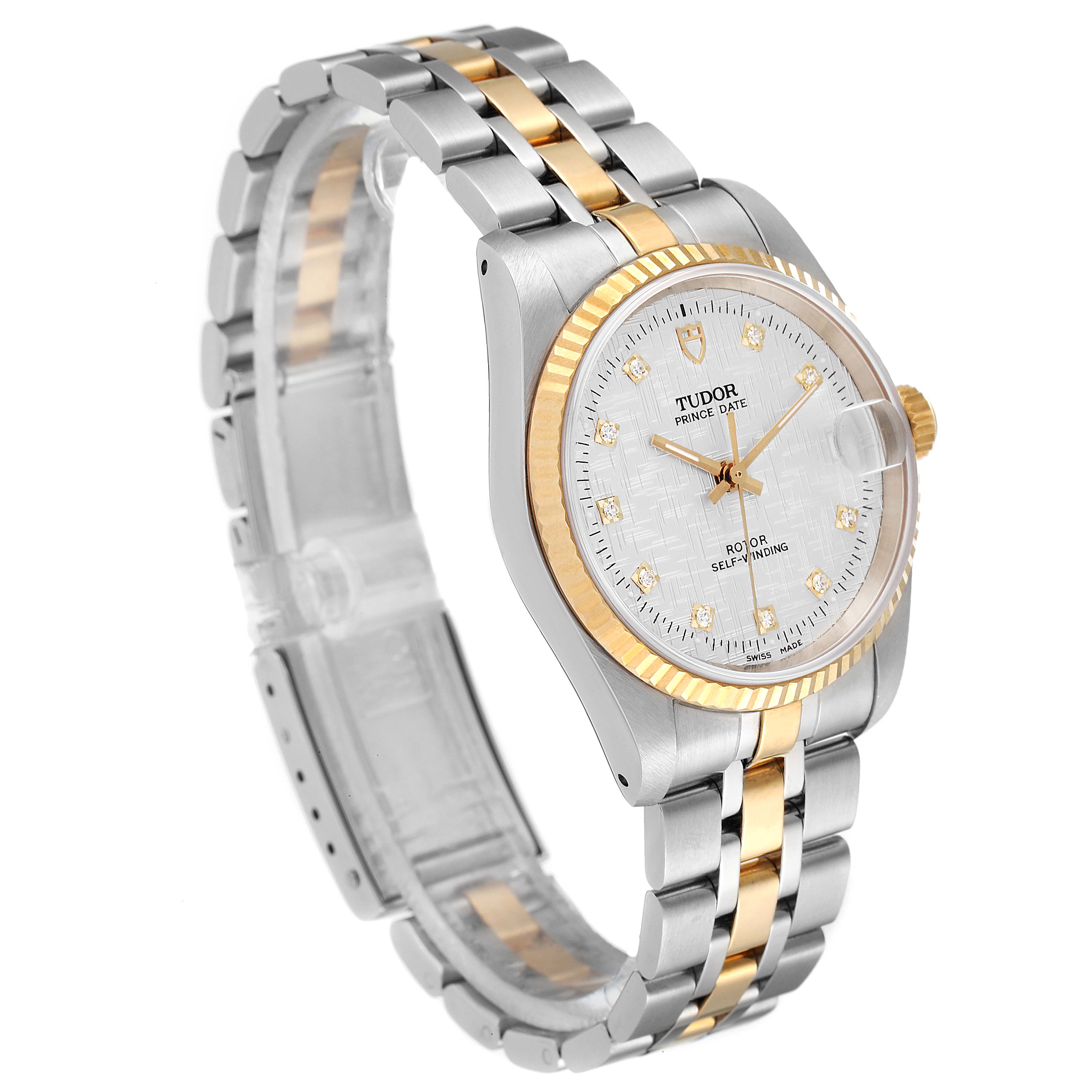 The image shows a Tudor Prince 72033 Men's Steel and Gold (two tone) Silver Dial 72033 Men's Steel and Gold (two tone) Silver Dial model watch from a three-quarter angle, displaying the face, bracelet, and bezel.