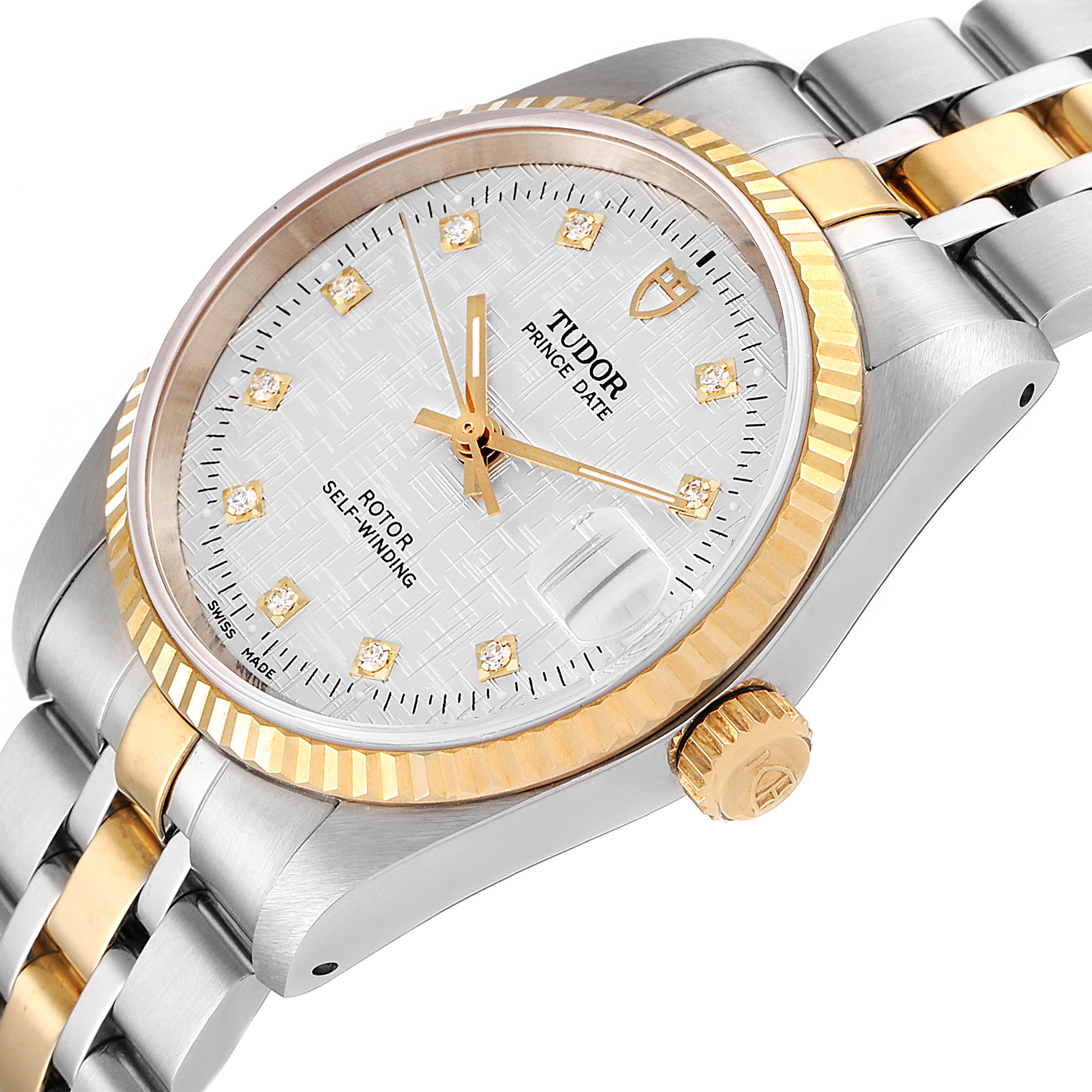 The Tudor Prince 72033 Men's Steel and Gold (two tone) Silver Dial 72033 Men's Steel and Gold (two tone) Silver Dial watch is shown at a slight angle, detailing its dial, crown, case, and part of the bracelet.