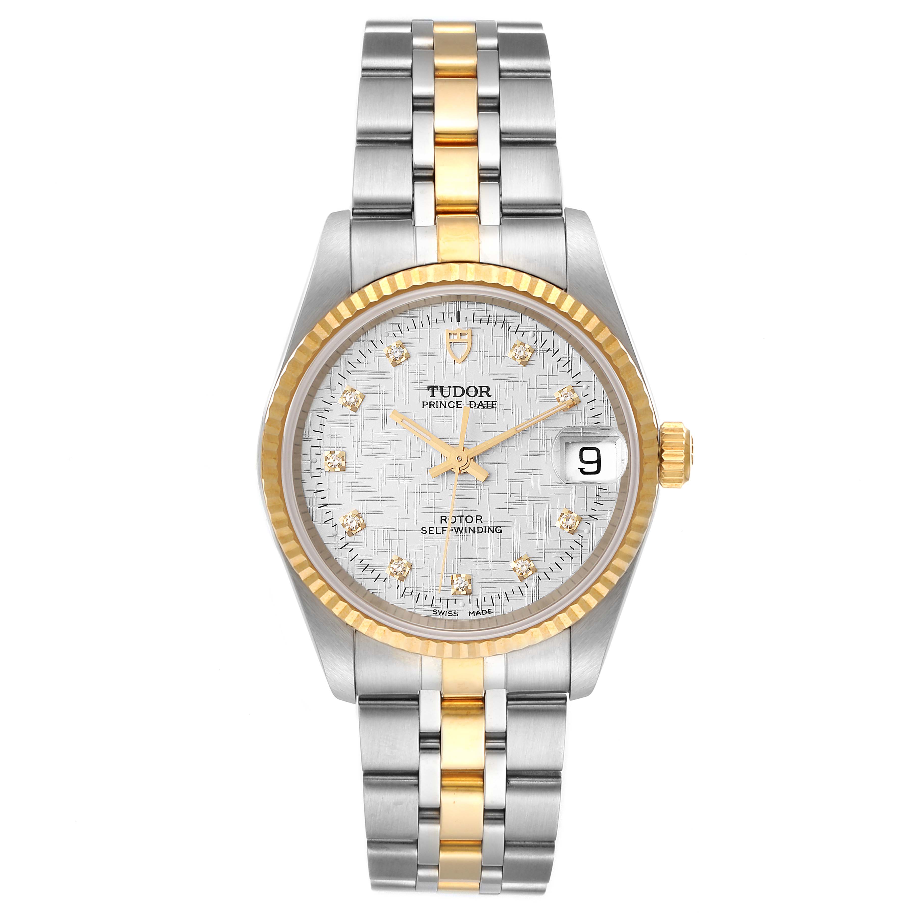 The Tudor Prince 72033 Men's Steel and Gold (two tone) Silver Dial 72033 Men's Steel and Gold (two tone) Silver Dial watch is shown from a top angle, displaying the full face, bracelet, bezel, and crown.