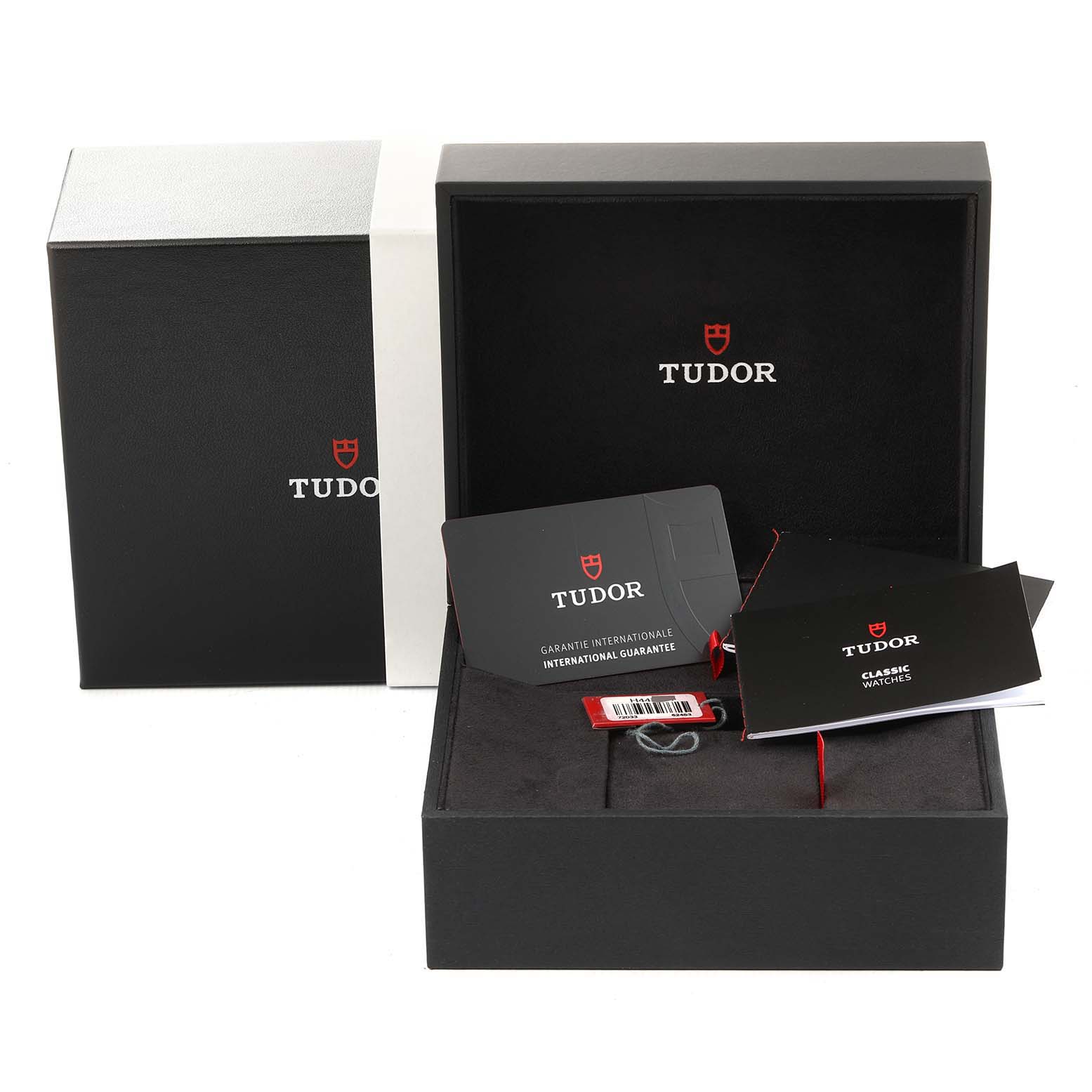 The image shows the packaging box, warranty cards, and documentation for a Tudor Prince 72033 Men's Steel and Gold (two tone) Silver Dial 72033 Men's Steel and Gold (two tone) Silver Dial model watch.