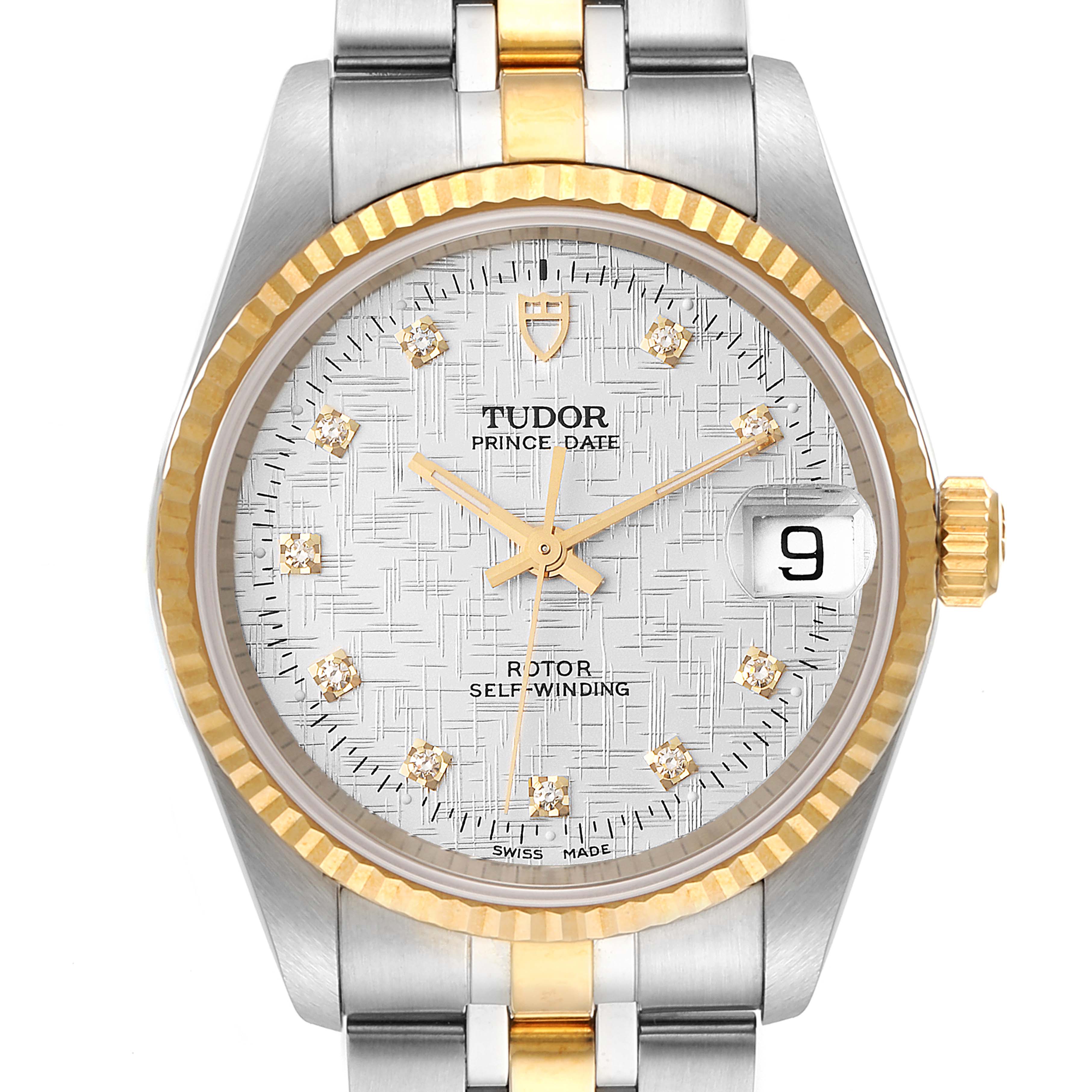 The image shows a close-up front view of the Tudor Prince 72033 Men's Steel and Gold (two tone) Silver Dial 72033 Men's Steel and Gold (two tone) Silver Dial model watch, highlighting its dial, bezel, and part of the bracelet.