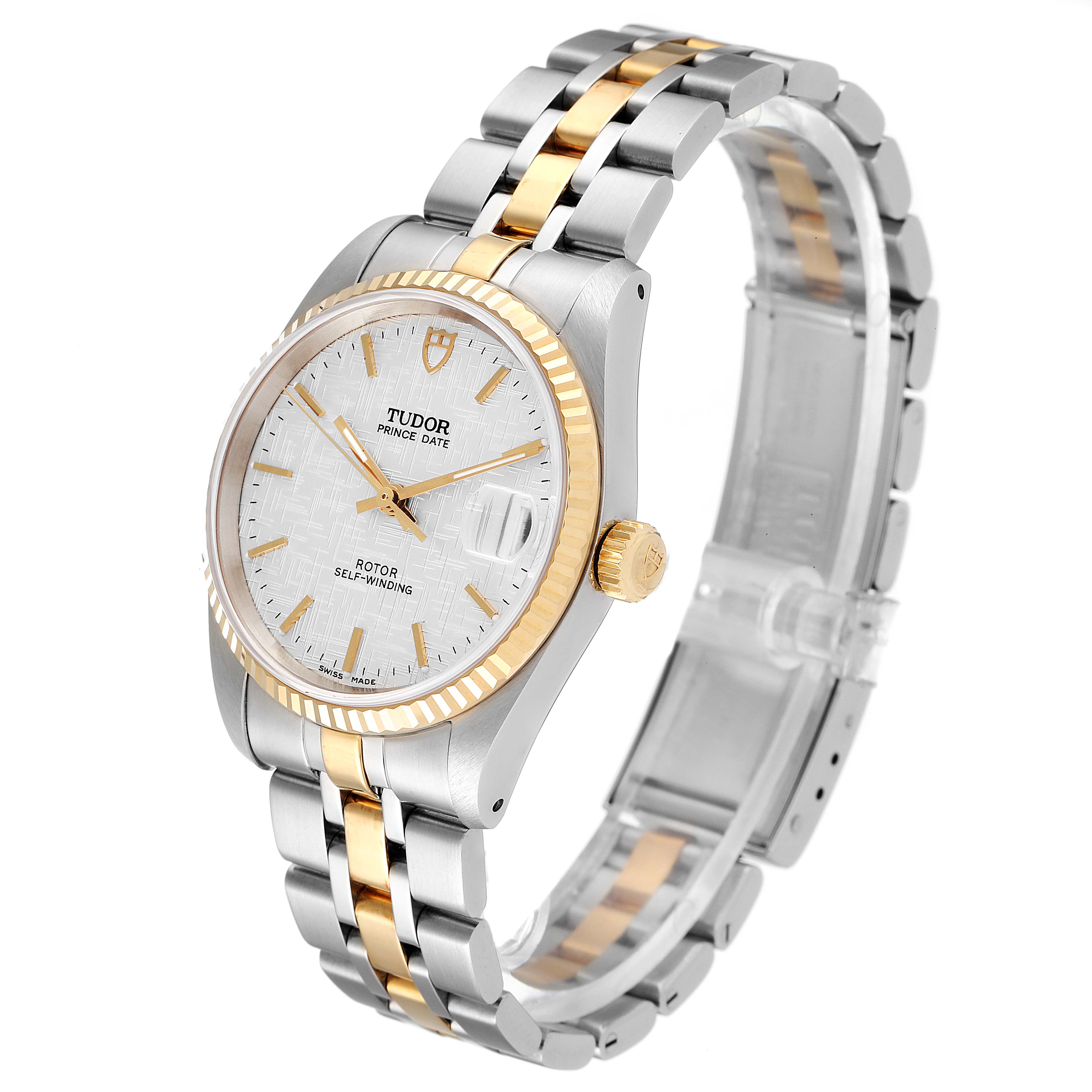 The image shows a Tudor Prince 72033 Men's Steel and Gold (two tone) Silver Dial 72033 Men's Steel and Gold (two tone) Silver Dial Date watch at a three-quarter angle, highlighting its gold and silver case and bracelet.