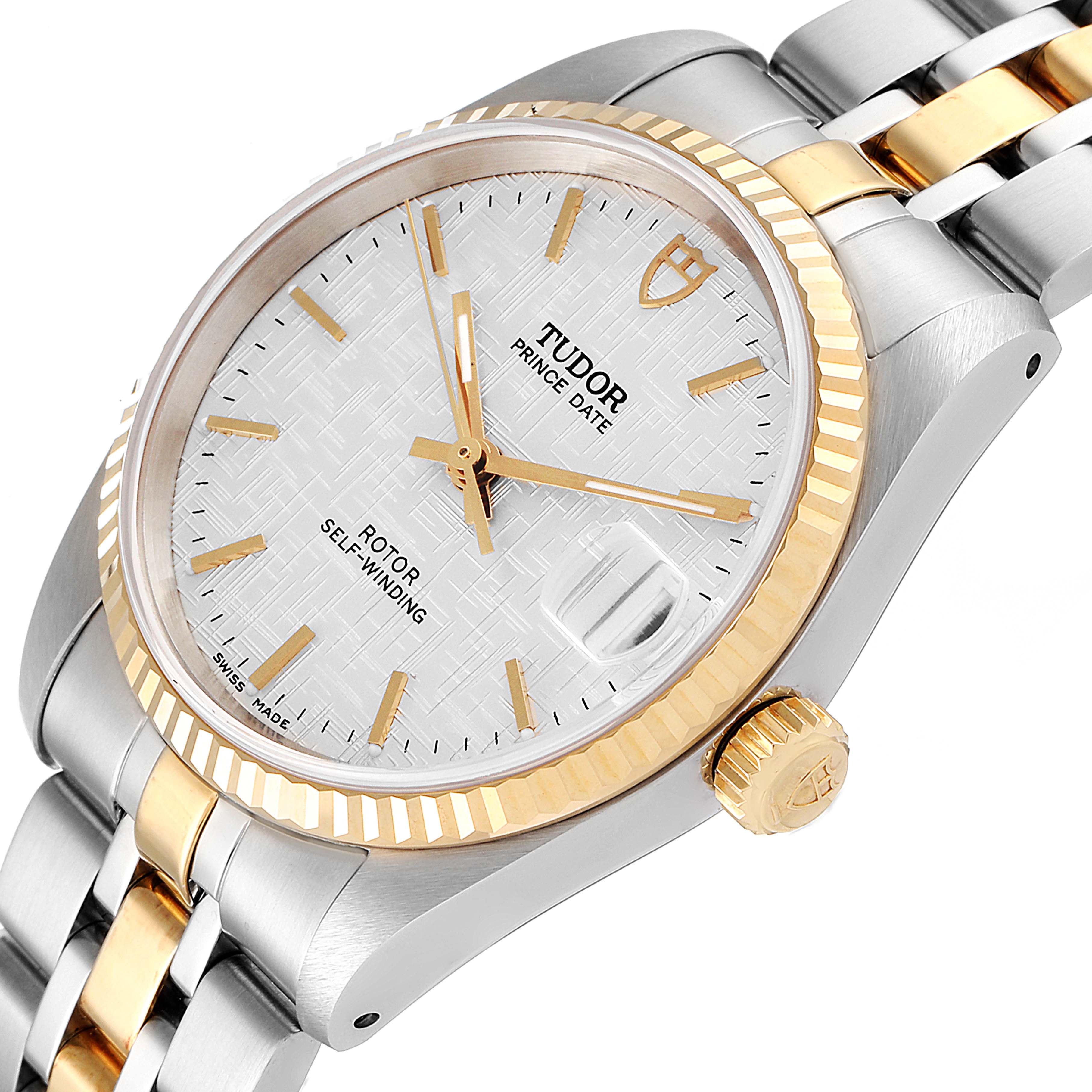 The image shows a close-up, side-angled view of the Tudor Prince 72033 Men's Steel and Gold (two tone) Silver Dial 72033 Men's Steel and Gold (two tone) Silver Dial Date watch, highlighting its face, bezel, crown, and part of the bracelet.