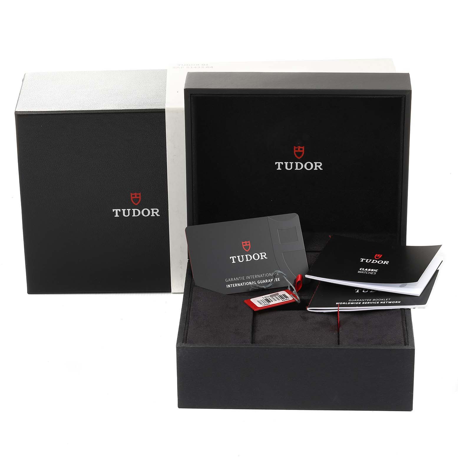 The image shows the packaging and accessories of a Tudor Prince 72033 Men's Steel and Gold (two tone) Silver Dial 72033 Men's Steel and Gold (two tone) Silver Dial watch, including the box, warranty card, and manuals.