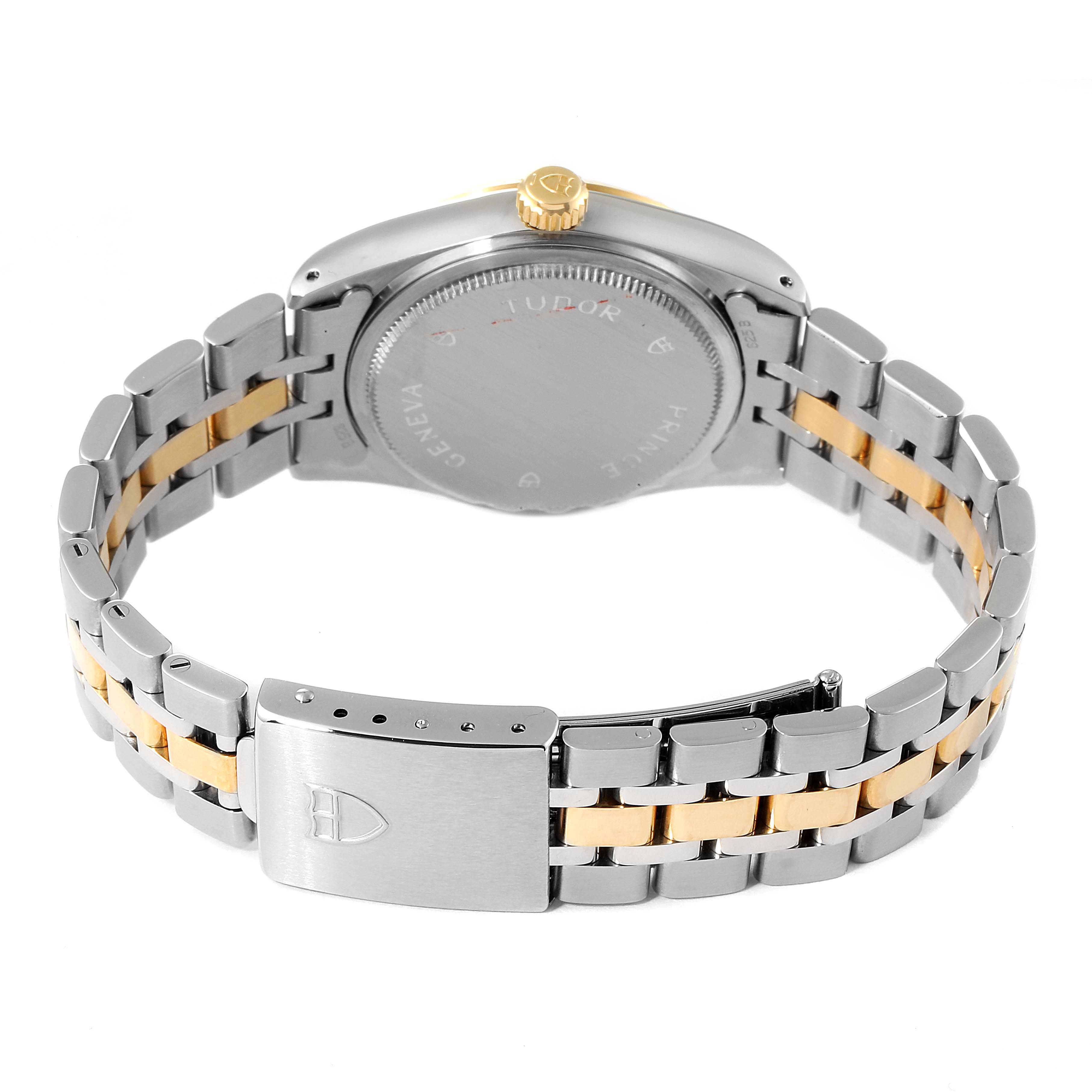 This image shows the back view of a Tudor Prince 72033 Men's Steel and Gold (two tone) Silver Dial 72033 Men's Steel and Gold (two tone) Silver Dial watch, highlighting the case back, crown, and metal bracelet.