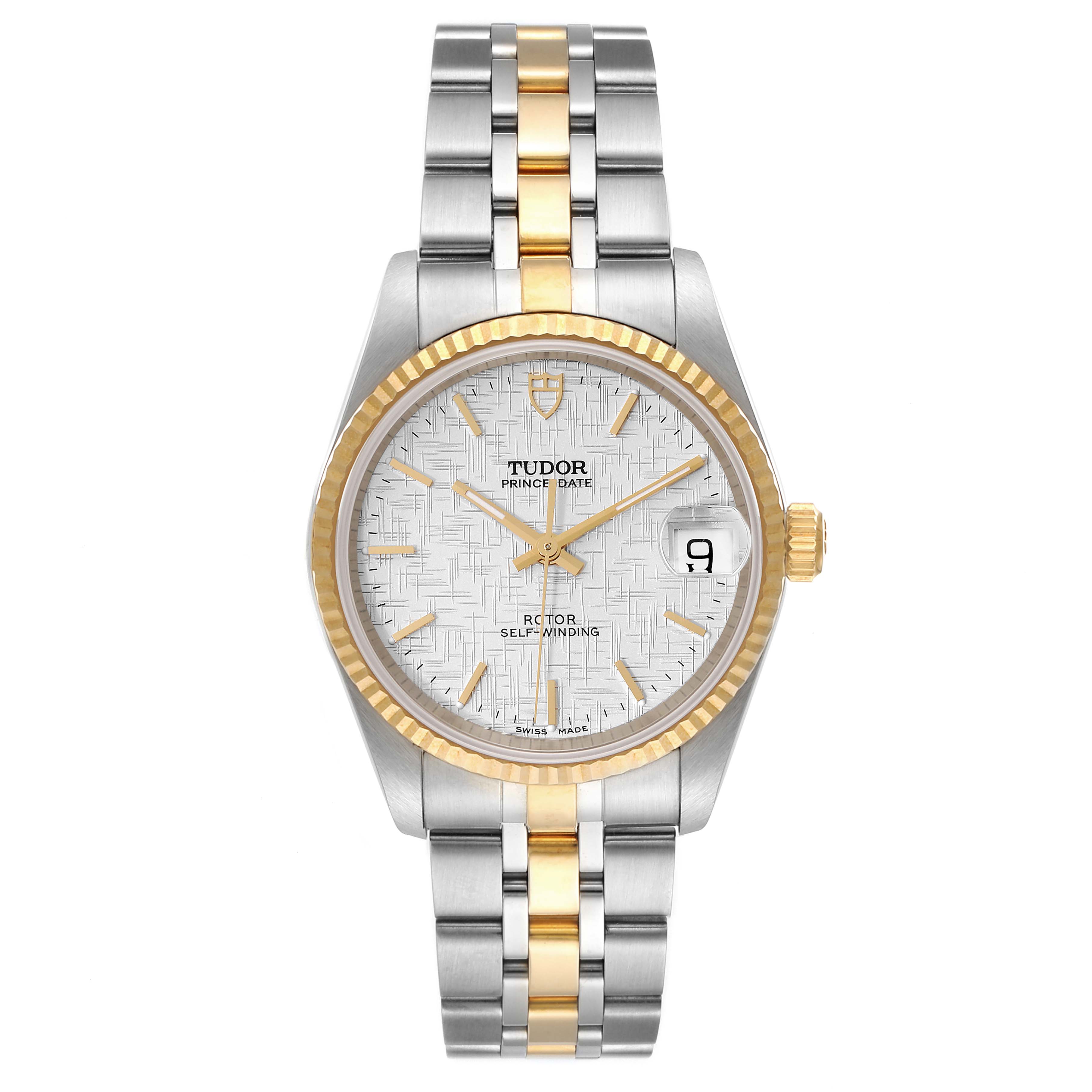 The Tudor Prince 72033 Men's Steel and Gold (two tone) Silver Dial 72033 Men's Steel and Gold (two tone) Silver Dial model watch is shown from a front angle, highlighting the face, bezel, and bracelet.