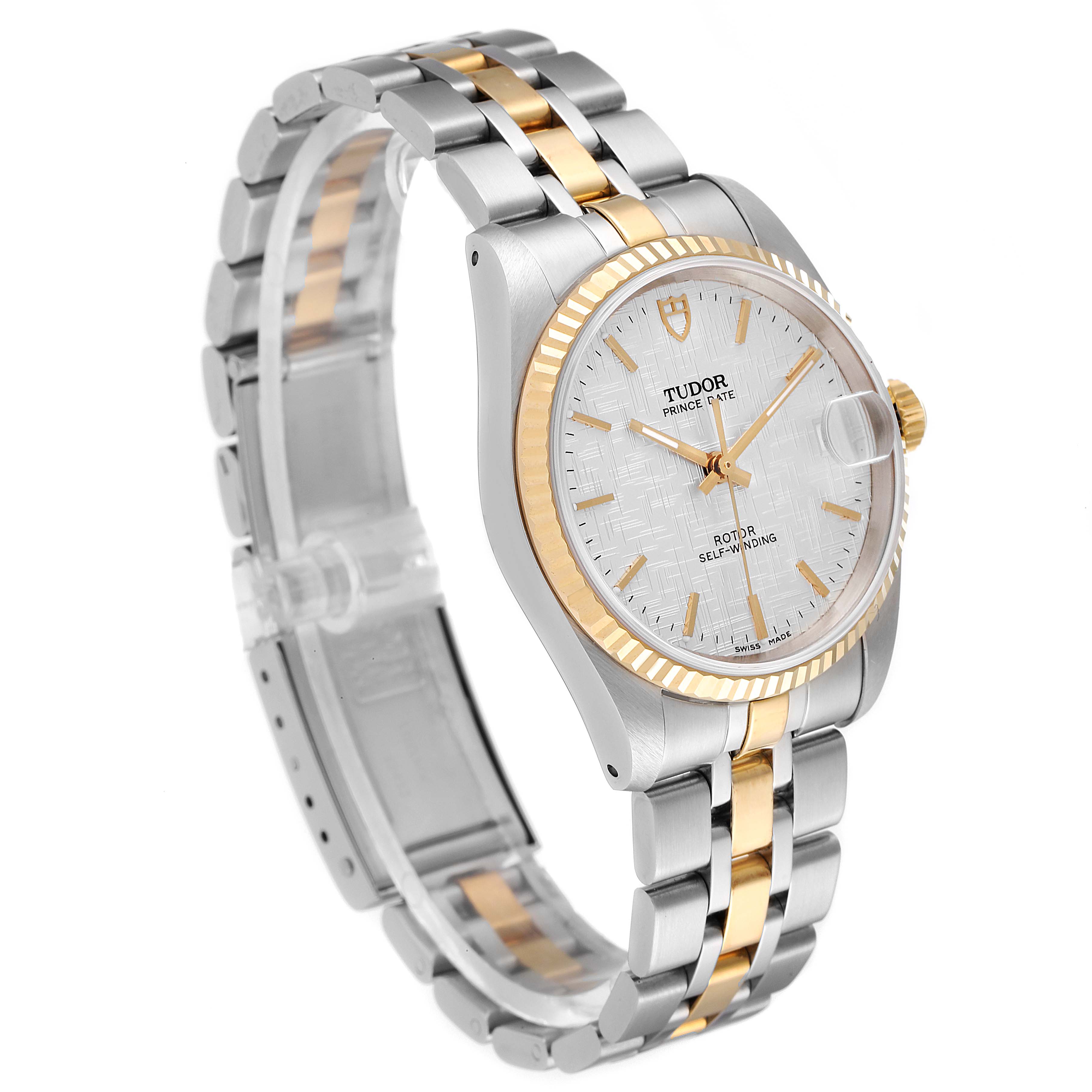 The image shows a Tudor Prince 72033 Men's Steel and Gold (two tone) Silver Dial 72033 Men's Steel and Gold (two tone) Silver Dial model watch at an oblique angle, highlighting its face, bezel, and two-tone bracelet.