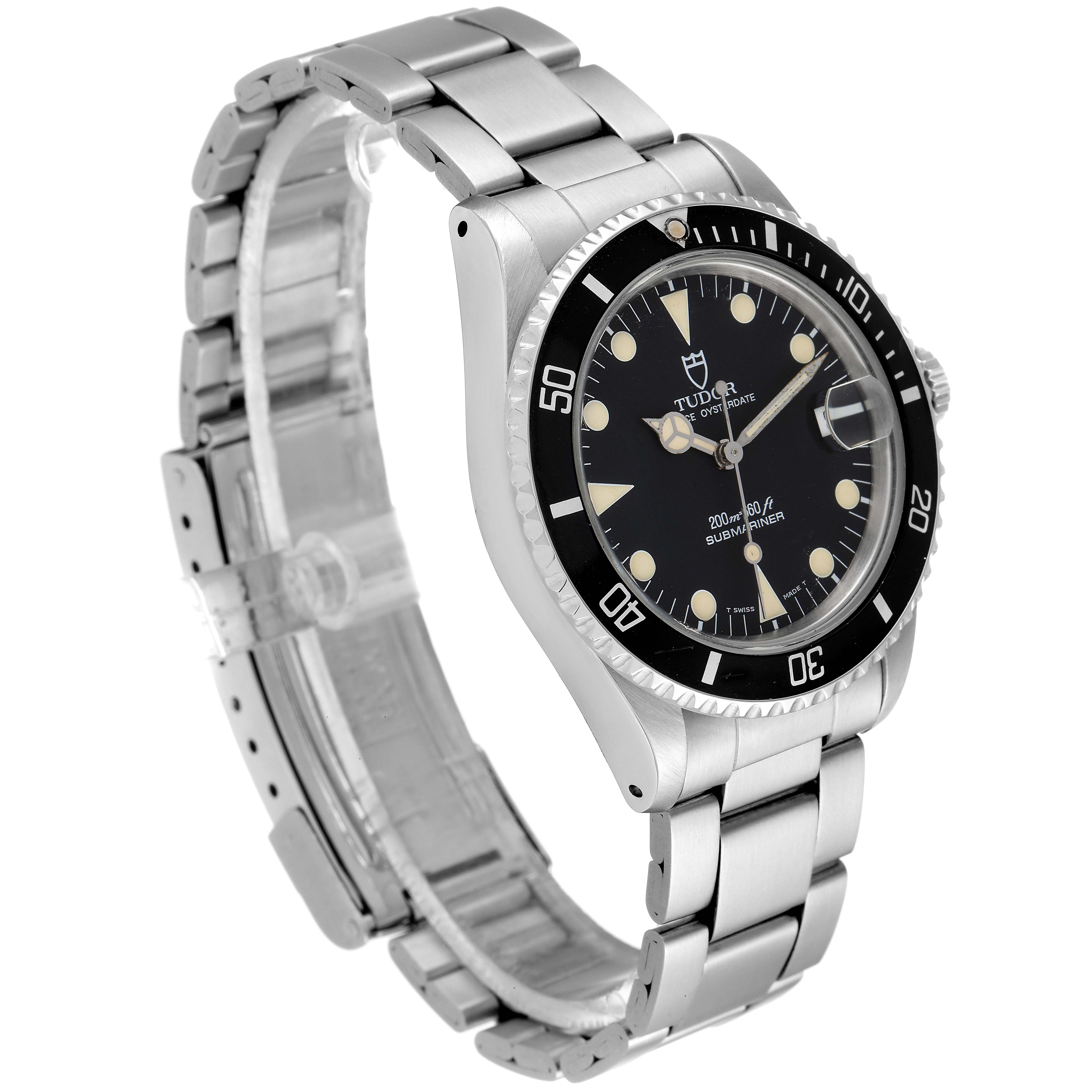 The Tudor Submariner 75090 Men
s Stainless Steel Black Dial 75090 Men
s Stainless Steel Black Dial watch is displayed at a three-quarter angle, showing the dial, bezel, bracelet, and crown.