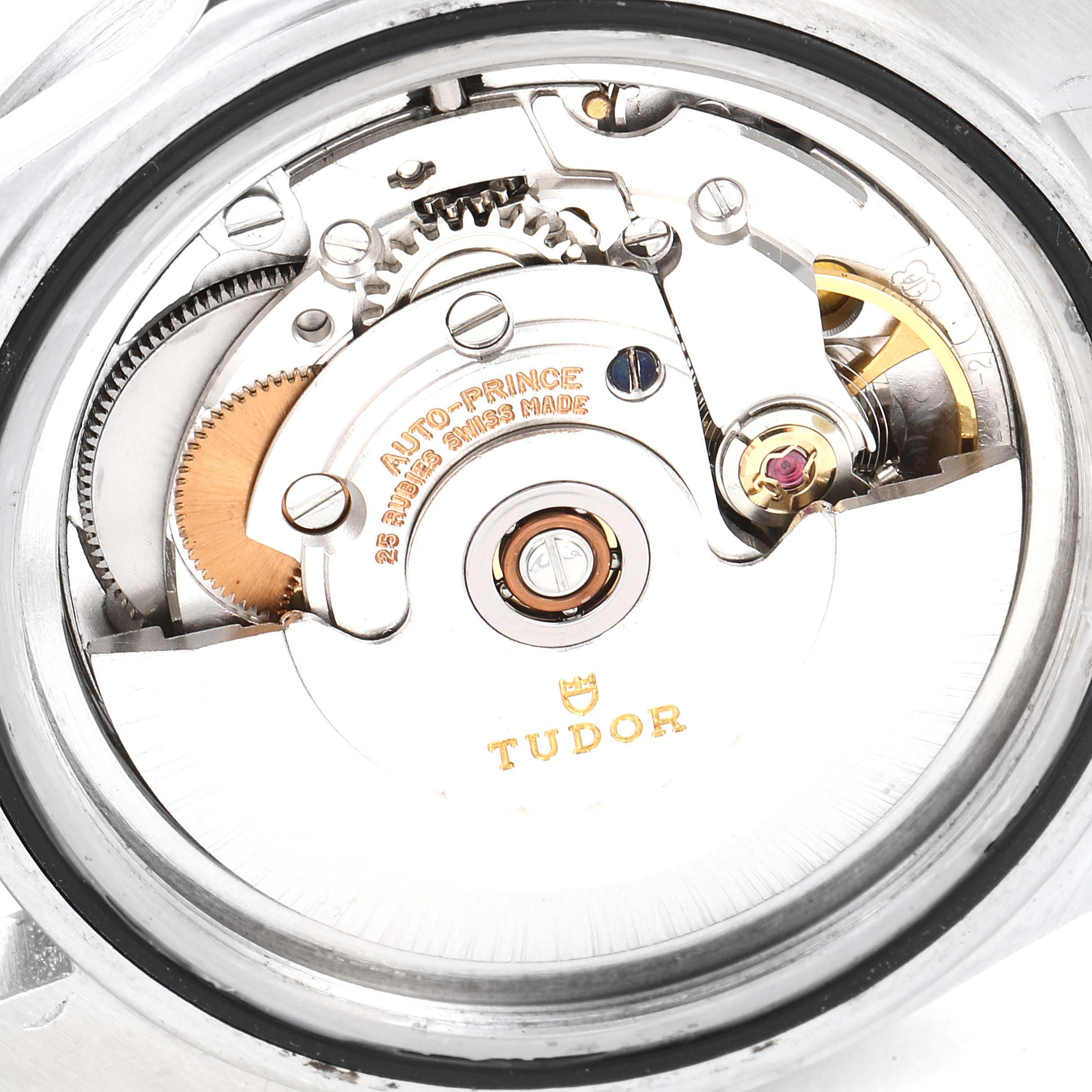 The image shows the movement mechanism of a Tudor Submariner 75090 Men
s Stainless Steel Black Dial 75090 Men
s Stainless Steel Black Dial watch, viewed from the back.