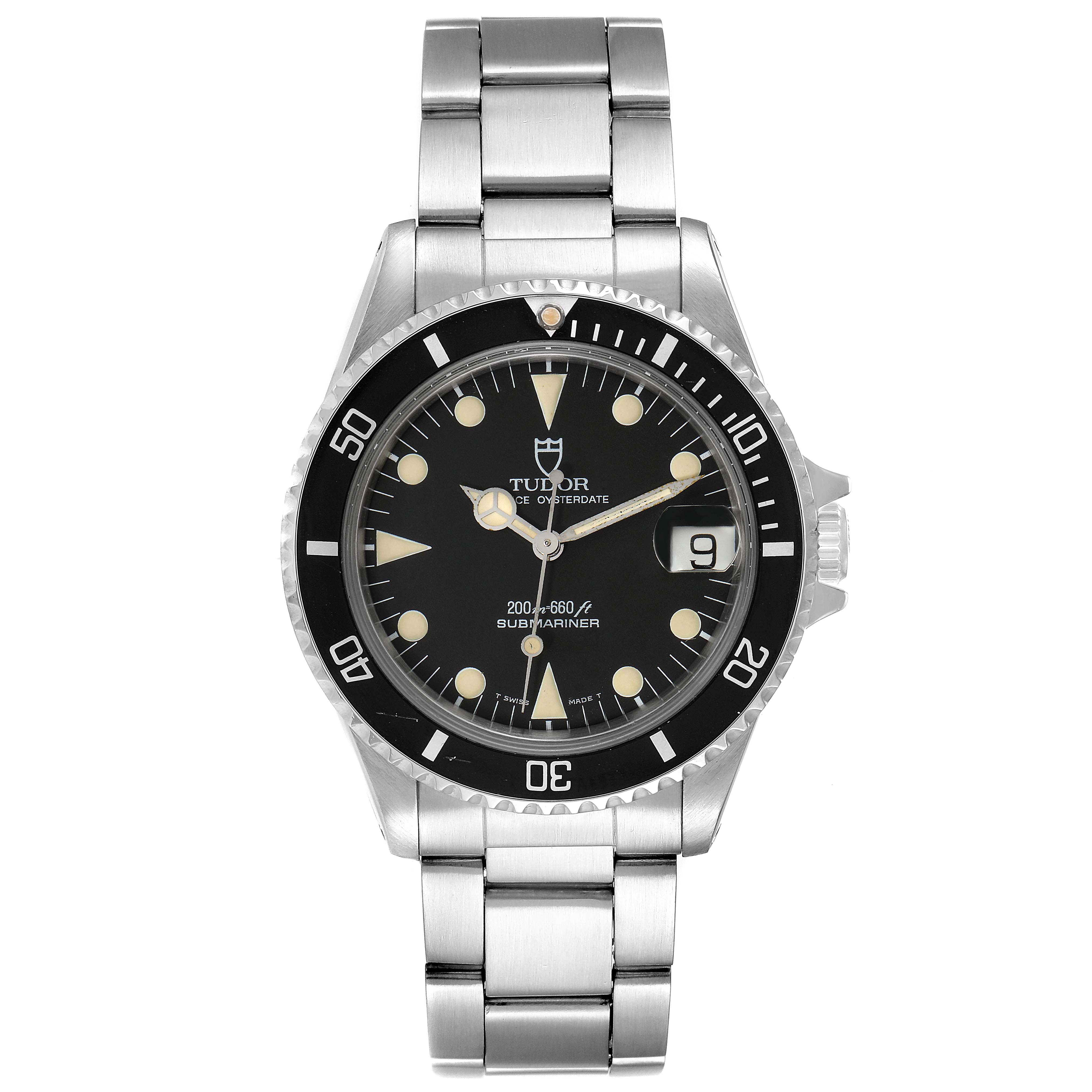 The image shows a front view of the Tudor Submariner 75090 Men
s Stainless Steel Black Dial 75090 Men
s Stainless Steel Black Dial watch, highlighting the dial, bezel, and bracelet.