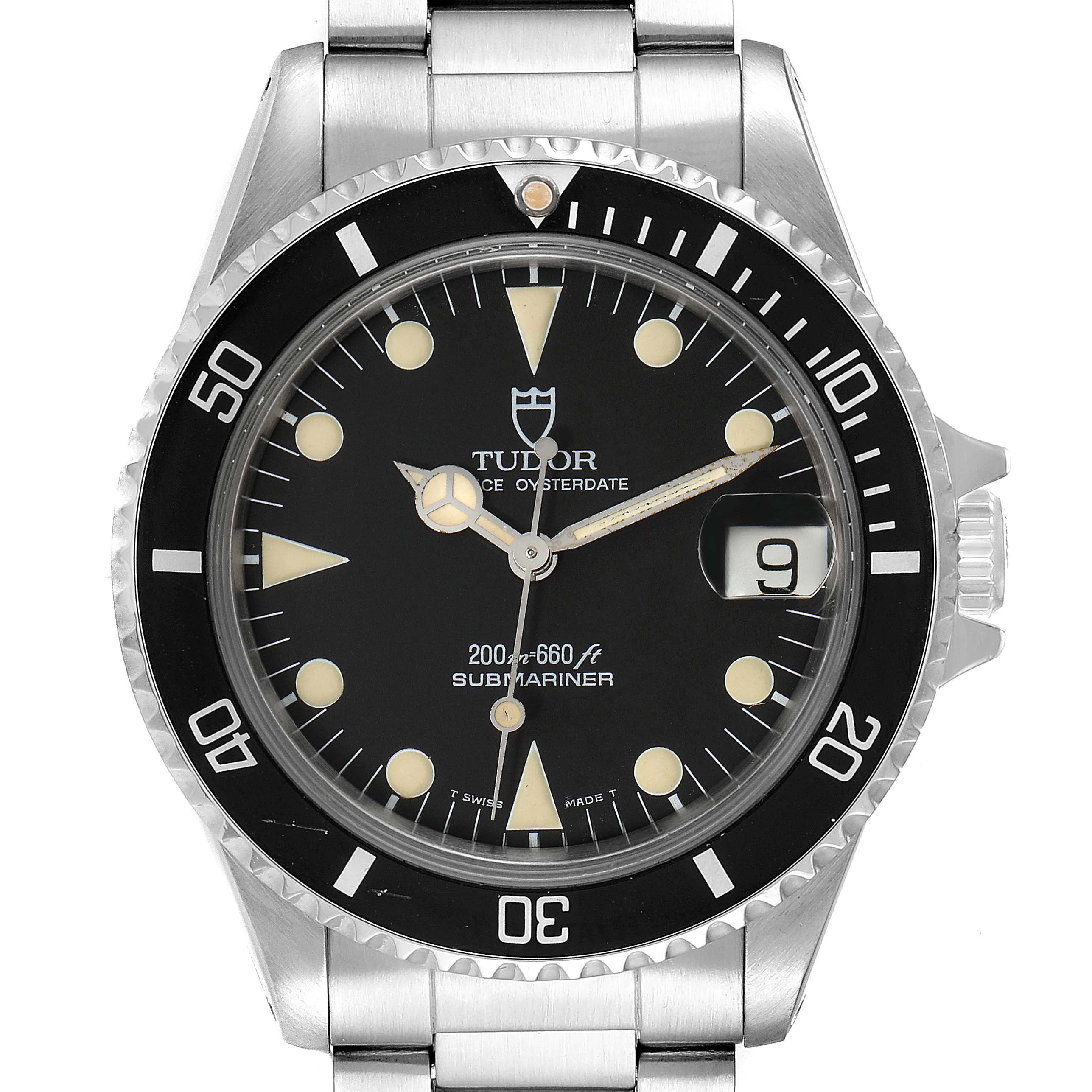 The image shows a front view of the Tudor Submariner 75090 Men
s Stainless Steel Black Dial 75090 Men
s Stainless Steel Black Dial watch, displaying its dial, bezel, crown, and stainless steel bracelet.