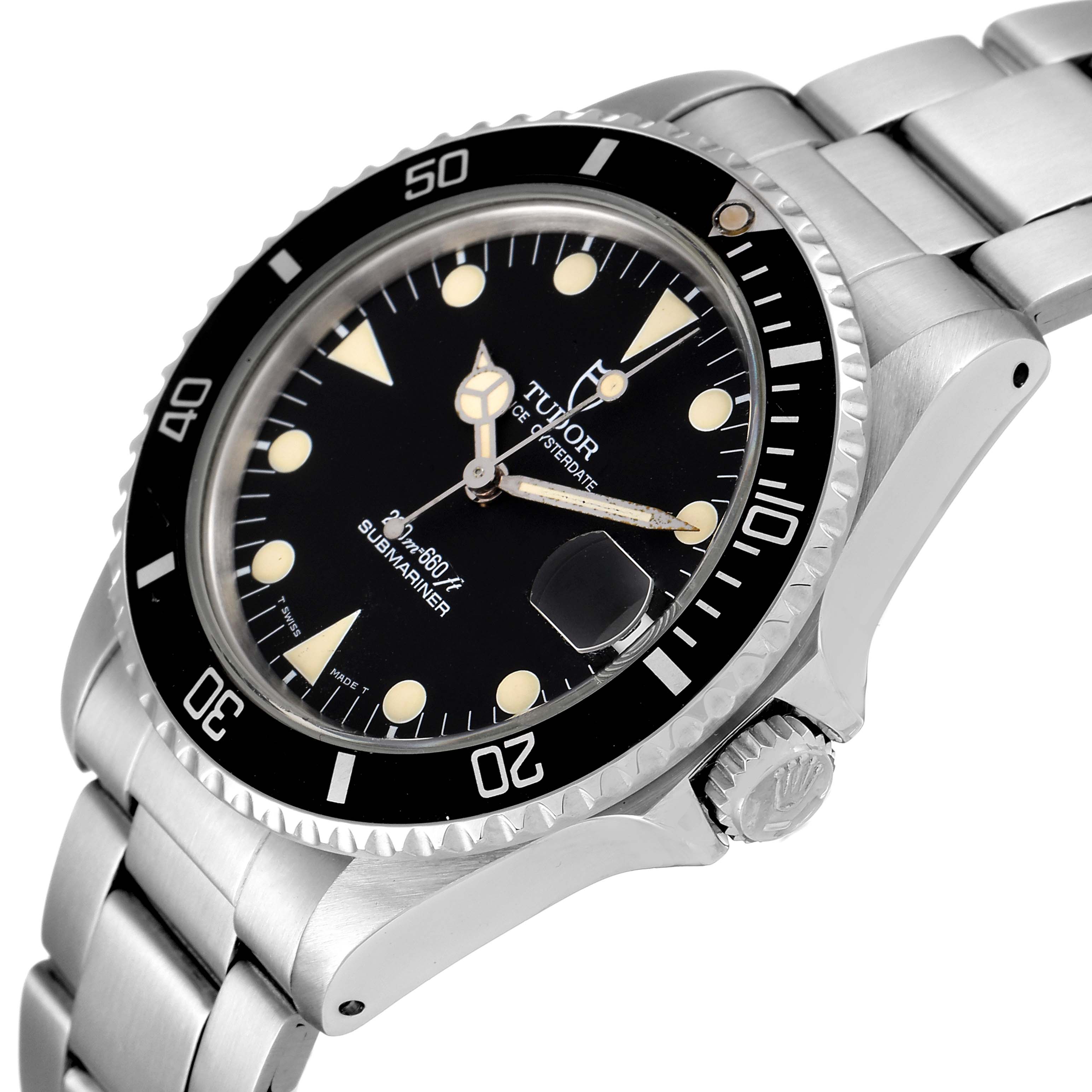 The image shows a side-angle view of the Tudor Submariner 75090 Men
s Stainless Steel Black Dial 75090 Men
s Stainless Steel Black Dial watch, highlighting the dial, bezel, crown, and stainless steel bracelet.