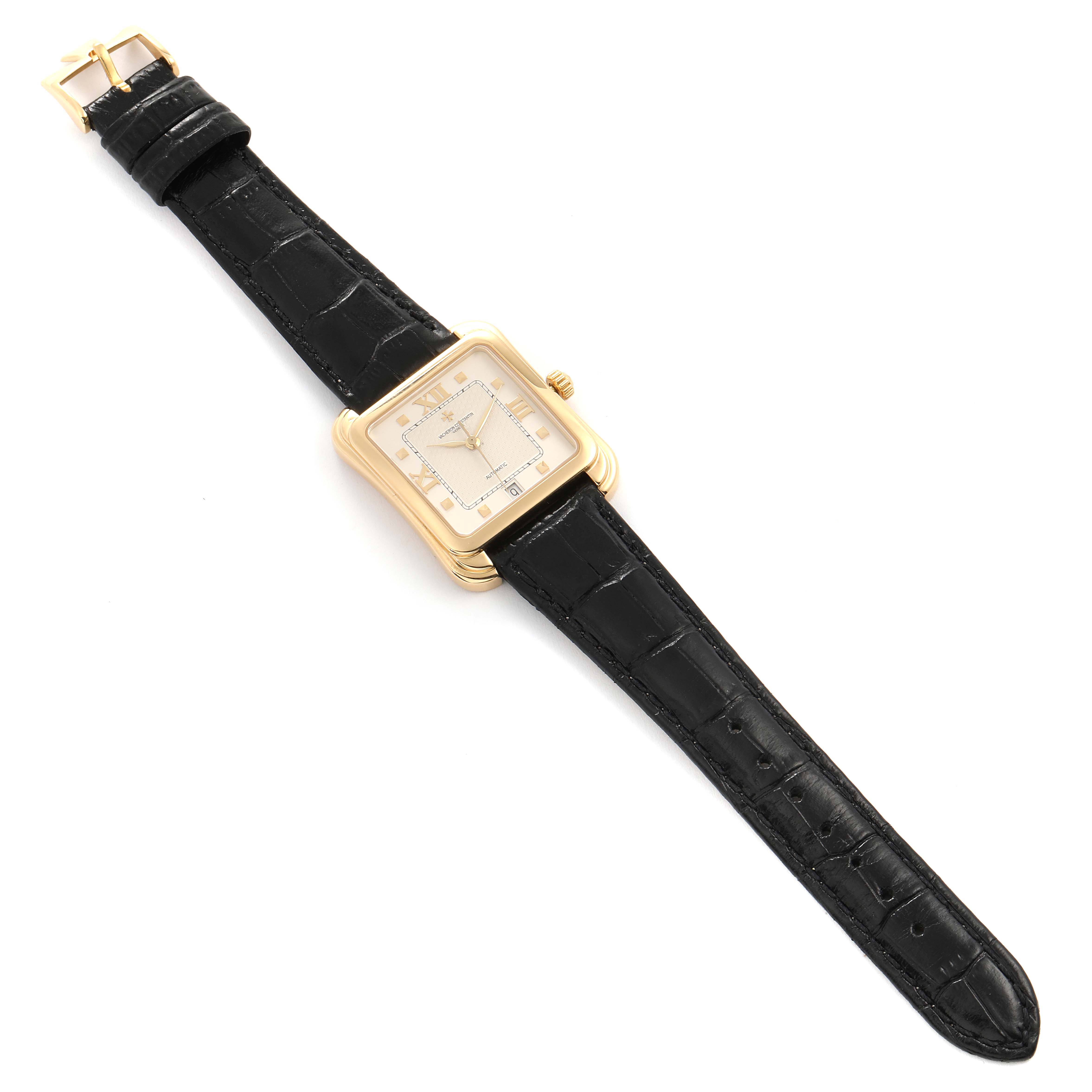 The image shows a Vacheron Constantin Historiques 42100 Men's Yellow Gold Silver Dial 42100 Men's Yellow Gold Silver Dial watch from an overhead view, displaying the square dial, case, and black leather strap.