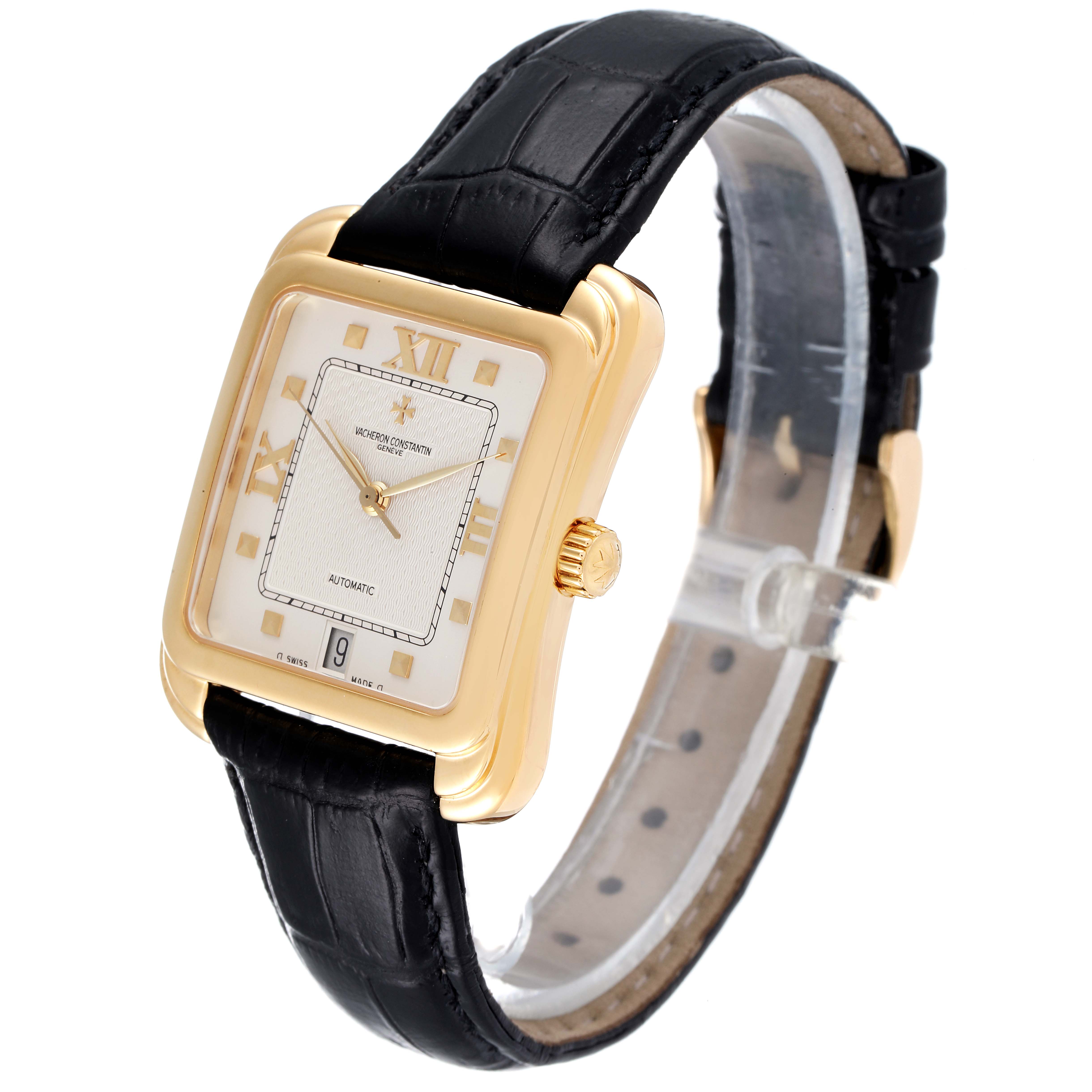This image shows a Vacheron Constantin Historiques 42100 Men's Yellow Gold Silver Dial 42100 Men's Yellow Gold Silver Dial model watch at a slight side angle, highlighting its gold case and black leather strap.