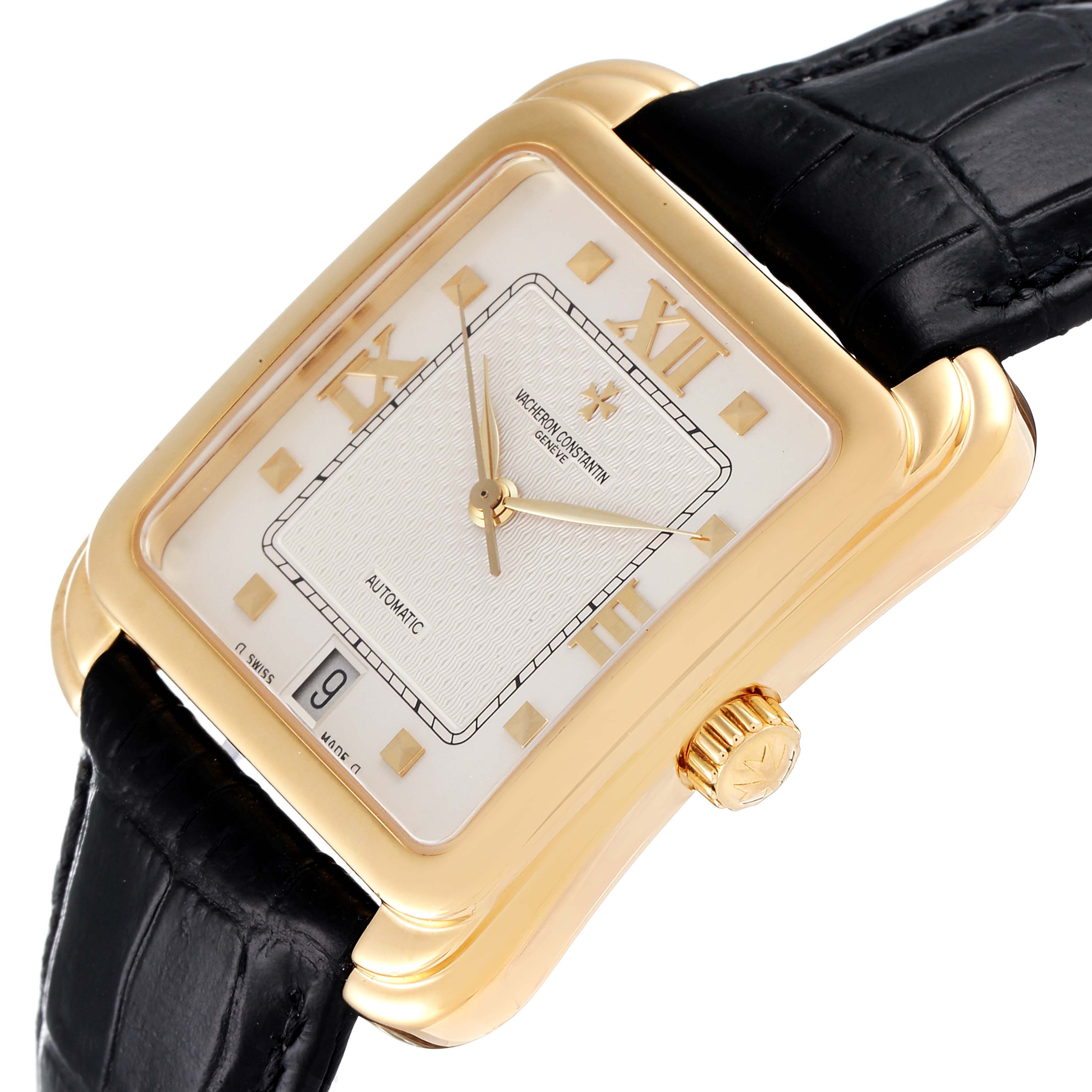 The image shows a Vacheron Constantin Historiques 42100 Men's Yellow Gold Silver Dial 42100 Men's Yellow Gold Silver Dial model watch at an angled close-up view, highlighting the gold case, crown, dial, and black leather strap.