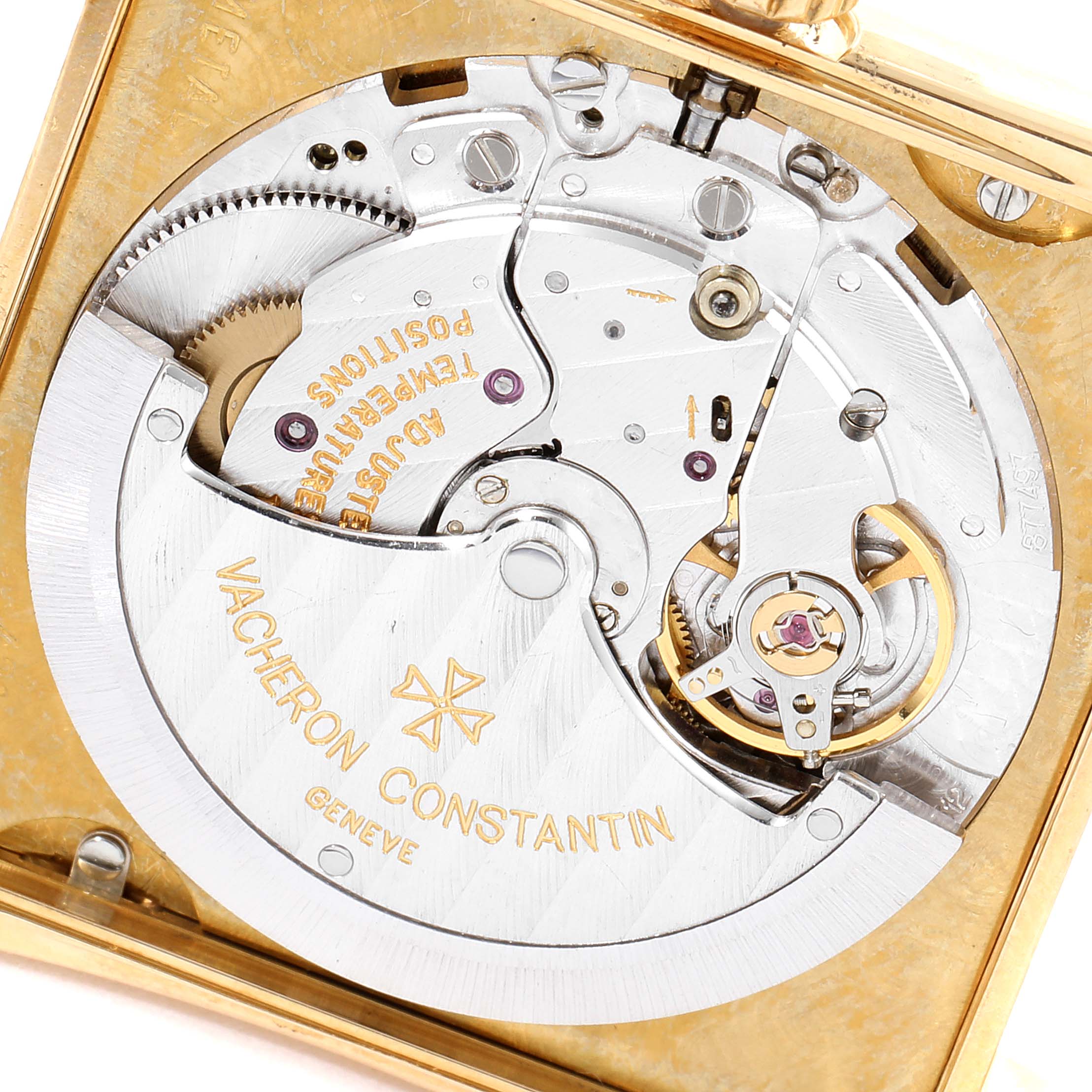 This image shows the movement and internal components of the Vacheron Constantin Historiques 42100 Men's Yellow Gold Silver Dial 42100 Men's Yellow Gold Silver Dial model from a close-up, top-down angle.