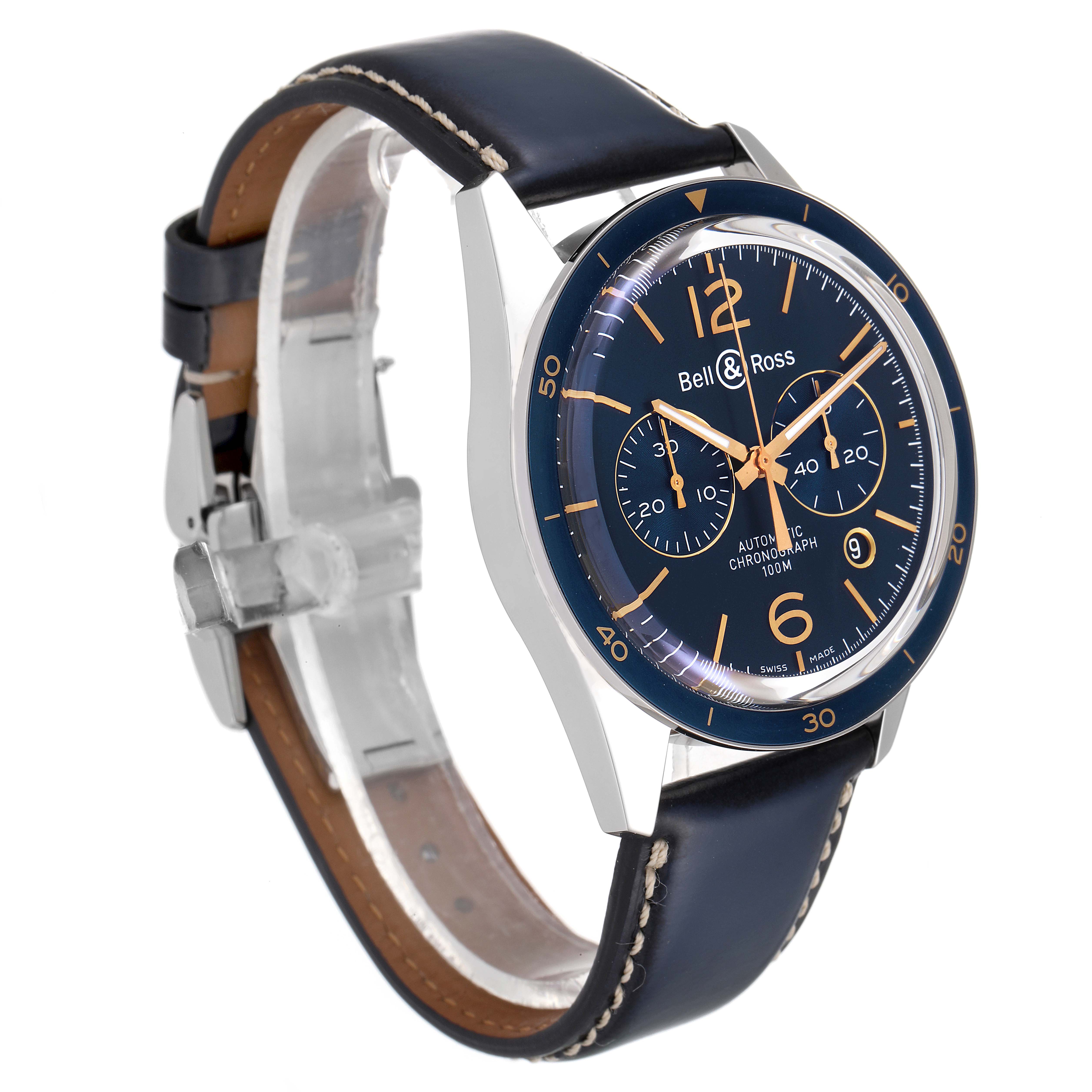 The image shows a Bell & Ross Chronograph watch from a front-side angle, highlighting the face, dial, and strap.