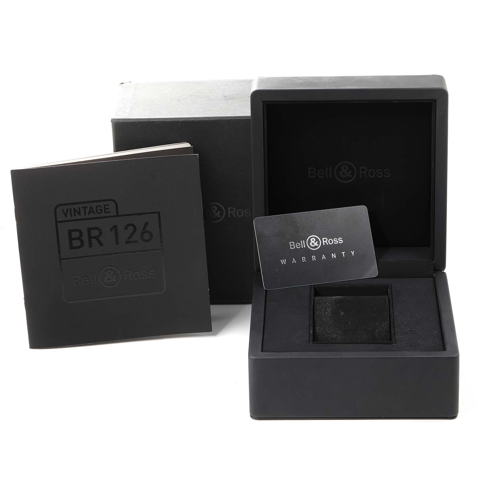 This image shows a Bell & Ross Chronograph BR126 watch box, warranty card, and manual, viewed from the front.