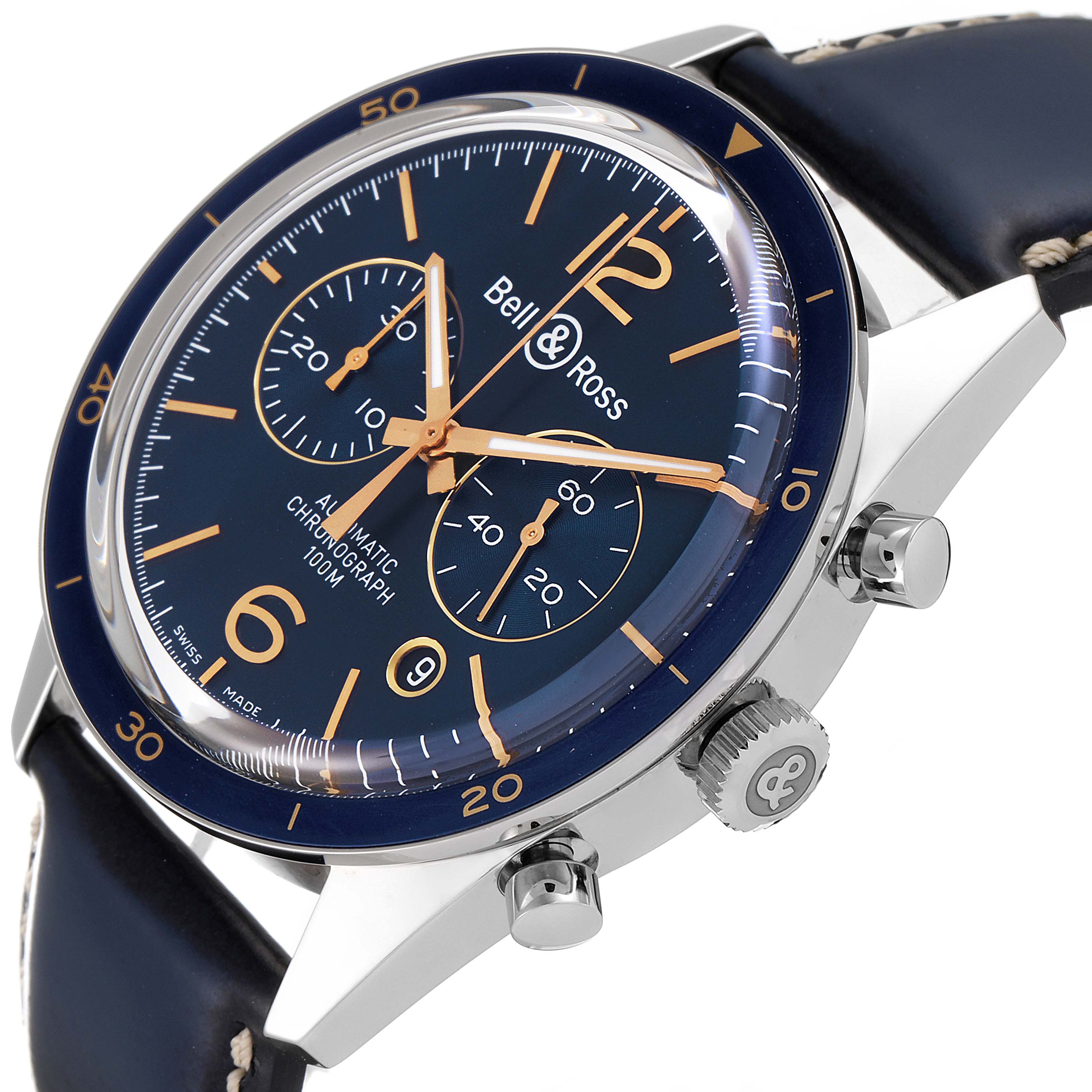 The image shows a partial side angle of the Bell & Ross Chronograph watch, highlighting its dial, case, crown, and pushers.