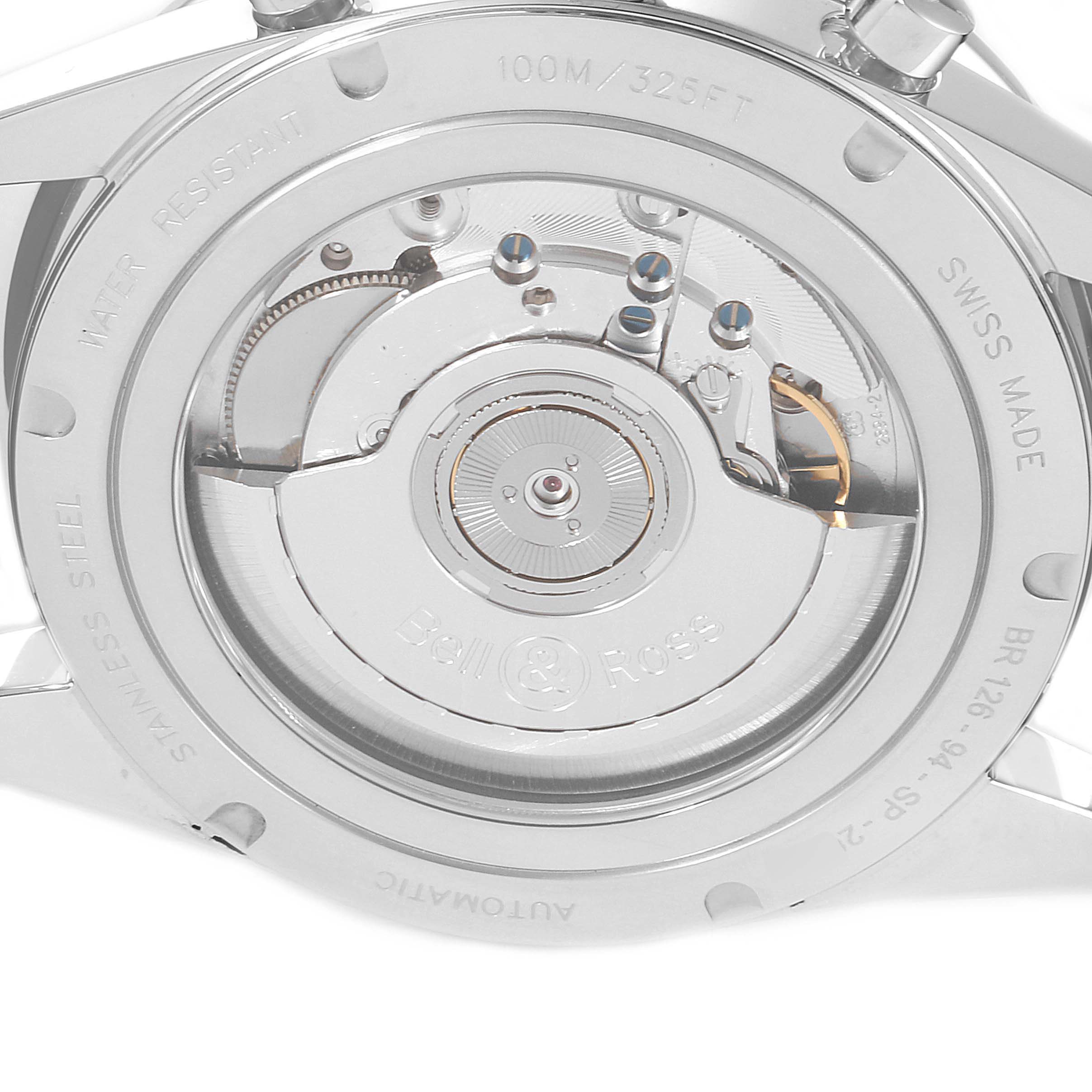 The image shows the back casing and internal mechanism of a Bell & Ross Chronograph model watch.