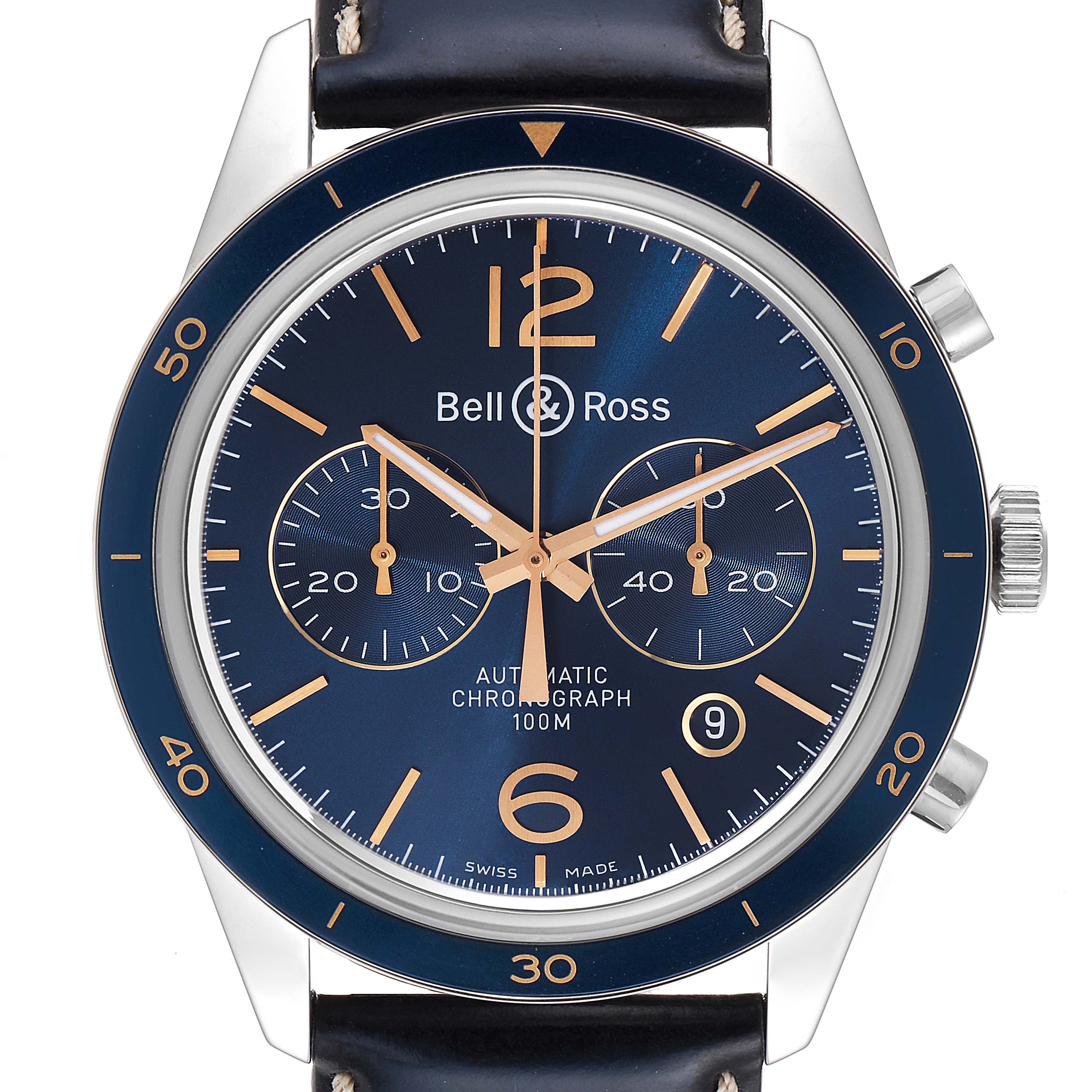 This Bell & Ross Heritage BR12694 Men's Stainless Steel Blue Dial BR12694 Men's Stainless Steel Blue Dial model watch is shown from a front angle, displaying the dial, bezel, pushers, and part of the strap.