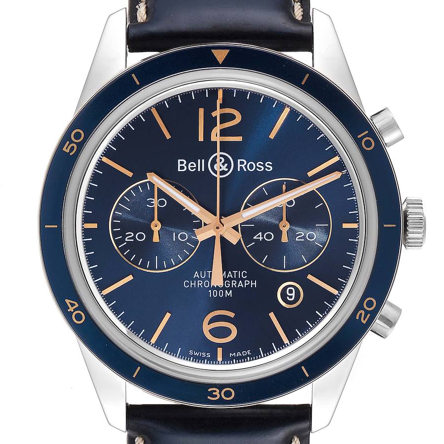 Bell & Ross Heritage Blue Dial Chronograph Steel Watch BR12694 Box Card SwissWatchExpo