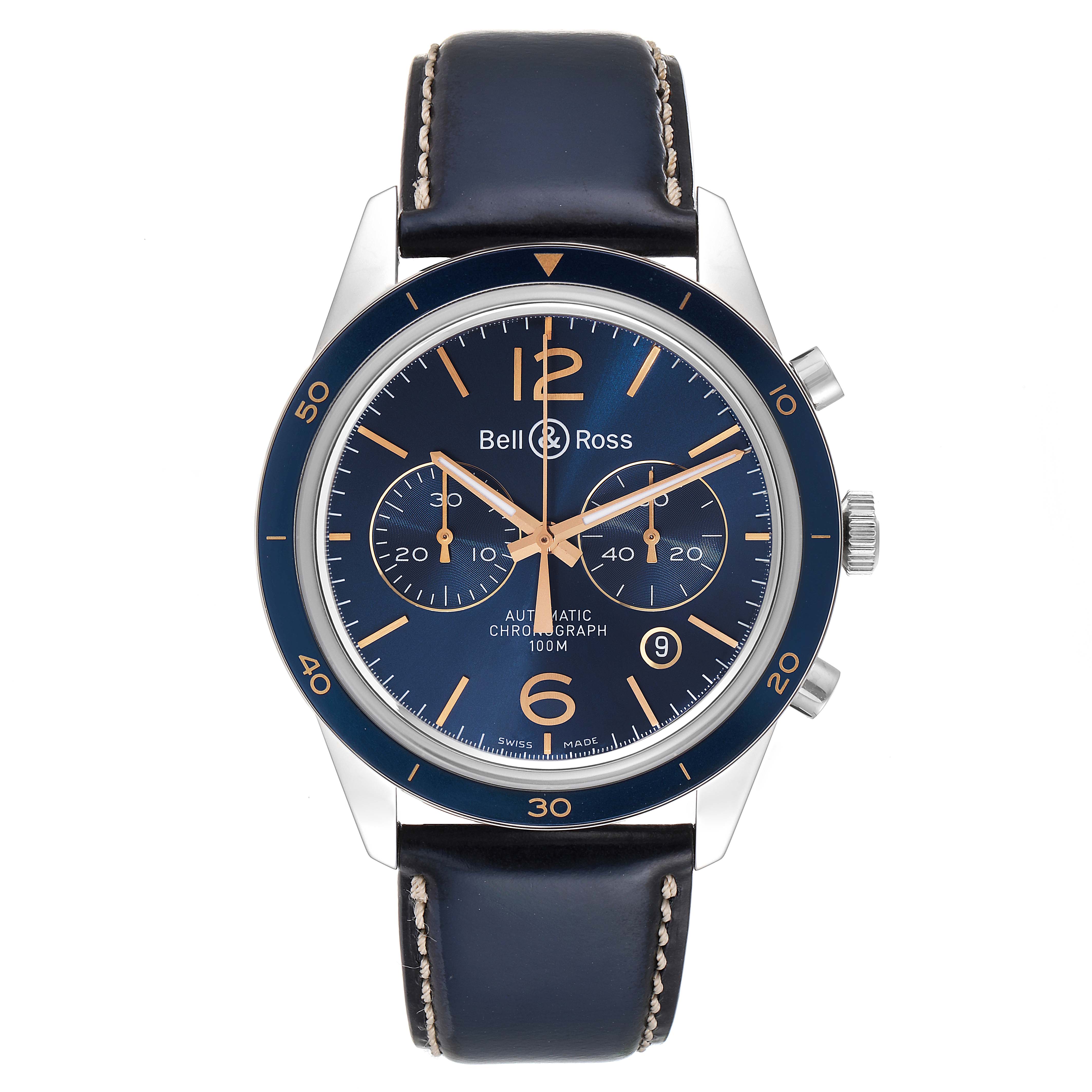 This image shows a Bell & Ross Chronograph watch from a front angle, highlighting its blue dial, subdials, and leather strap.