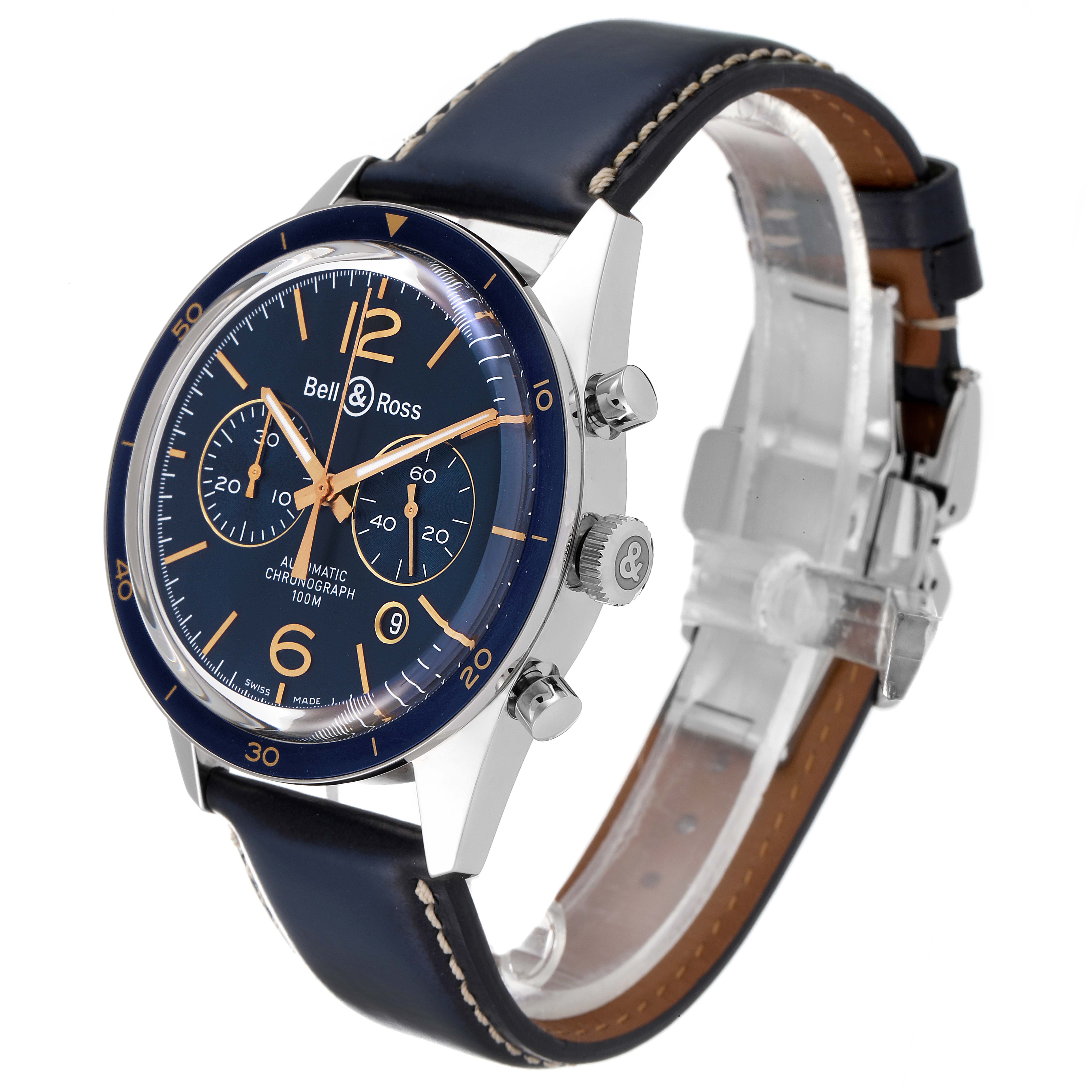 The image shows a Bell & Ross Chronograph watch angled to display the dial, crown, pushers, and leather strap.