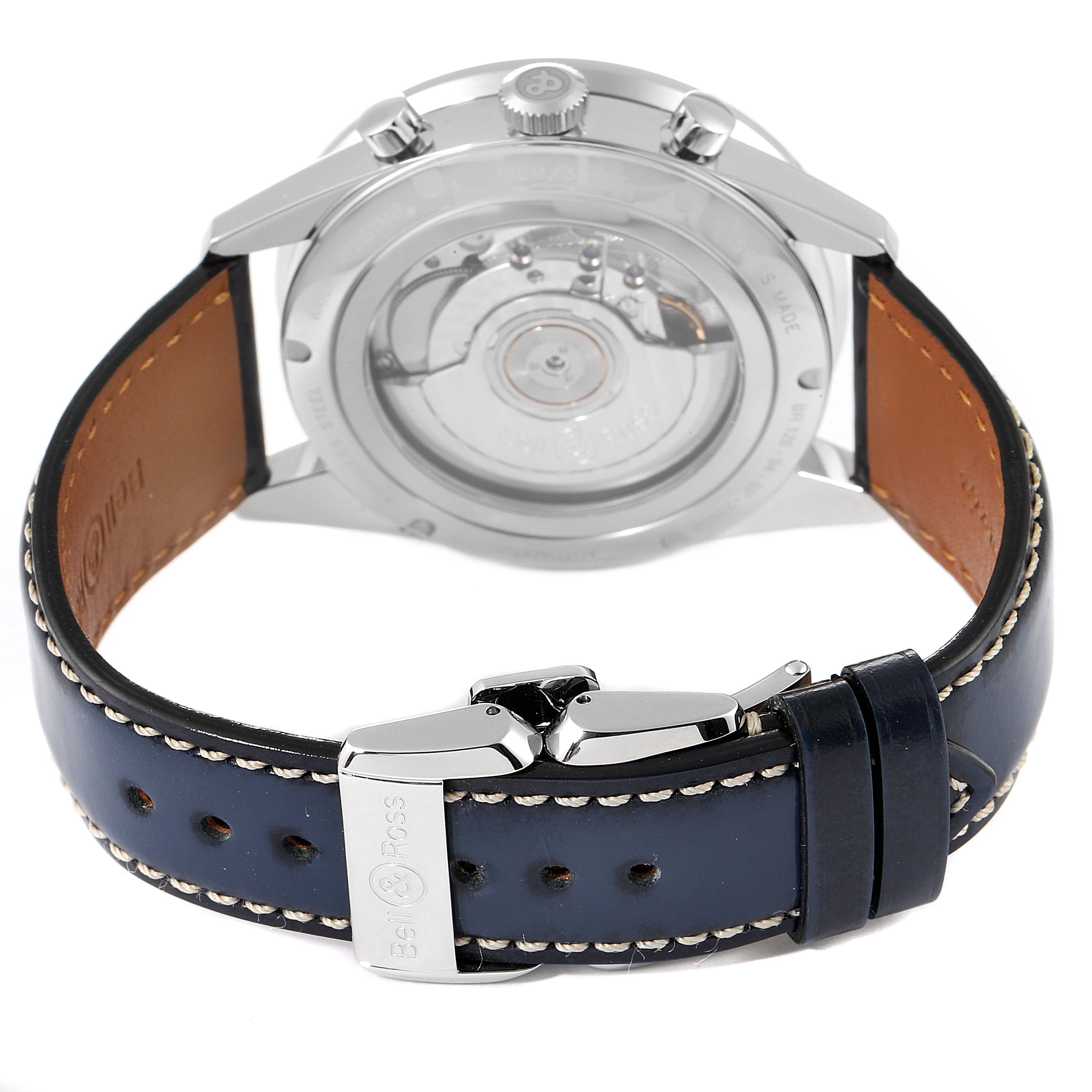 This image shows the back view of a Bell & Ross Chronograph watch, featuring its case back, crown, pushers, and leather strap.