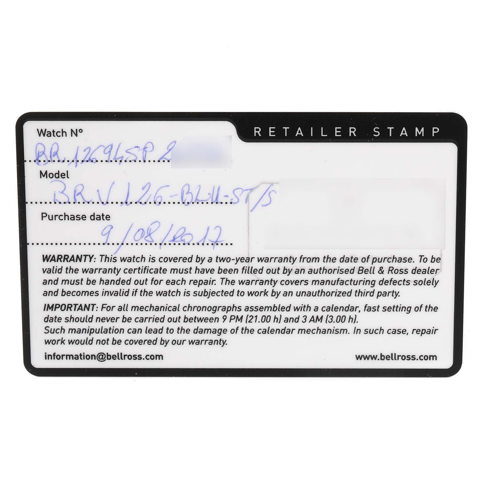 The image shows the warranty card for the Bell & Ross Chronograph model BRV126-BL-ST/S.