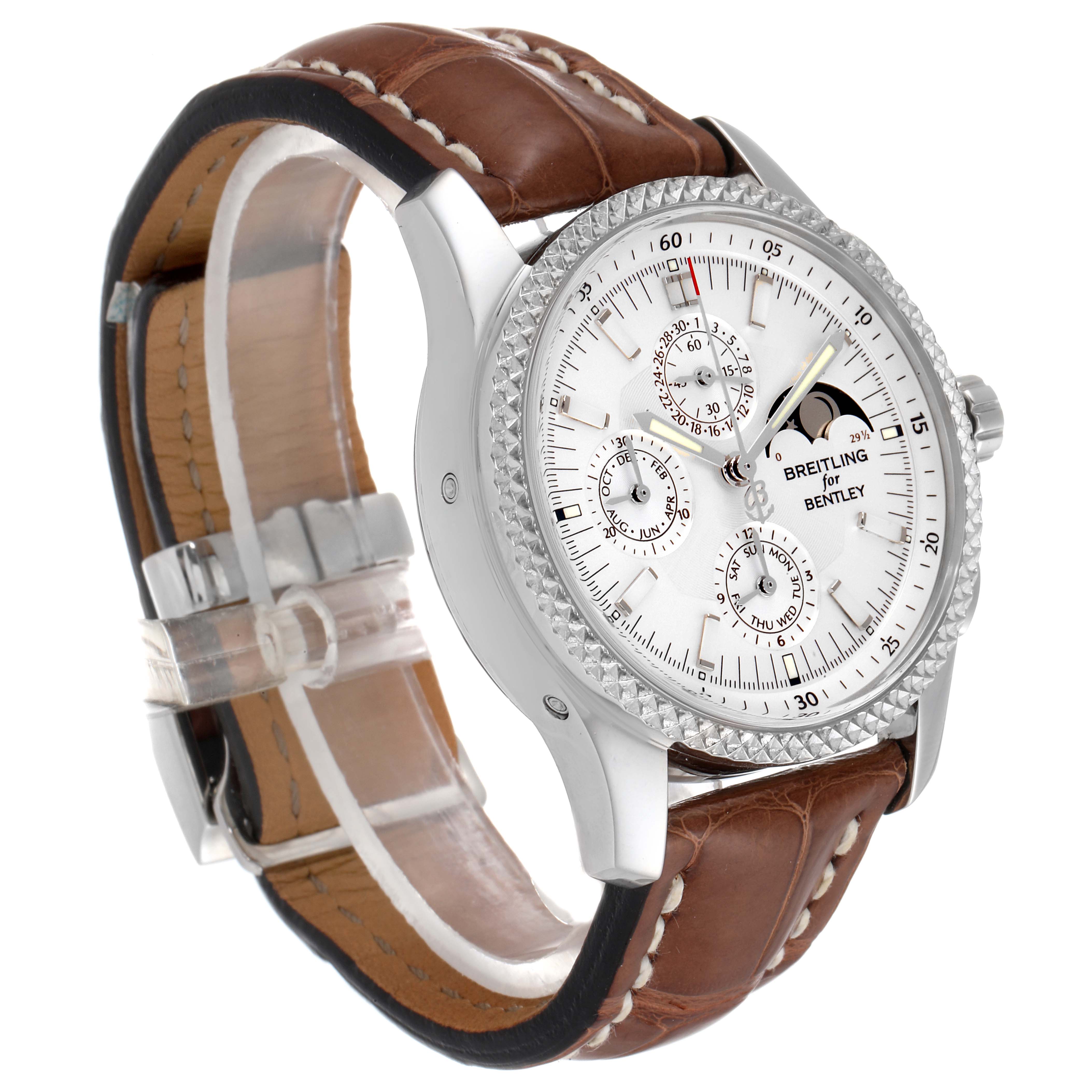 This image showcases a Breitling Bentley P19362 Men's Stainless Steel Mother of Pearl Dial P19362 Men's Stainless Steel Mother of Pearl Dial watch at a side angle, highlighting its face, dials, bezel, and brown leather strap.
