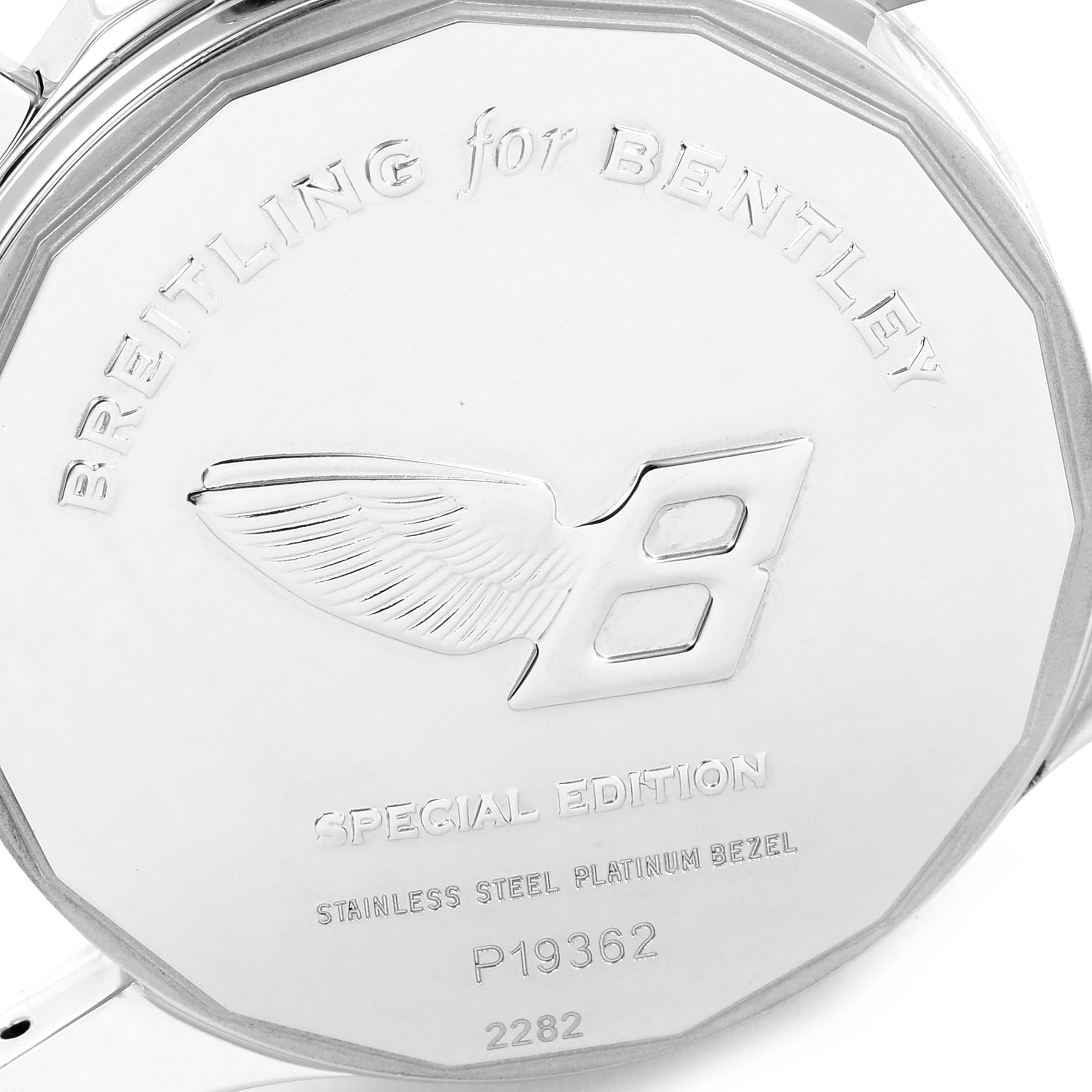 This image shows the back case of the Breitling Bentley P19362 Men's Stainless Steel Mother of Pearl Dial P19362 Men's Stainless Steel Mother of Pearl Dial model watch, highlighting branding and special edition details.