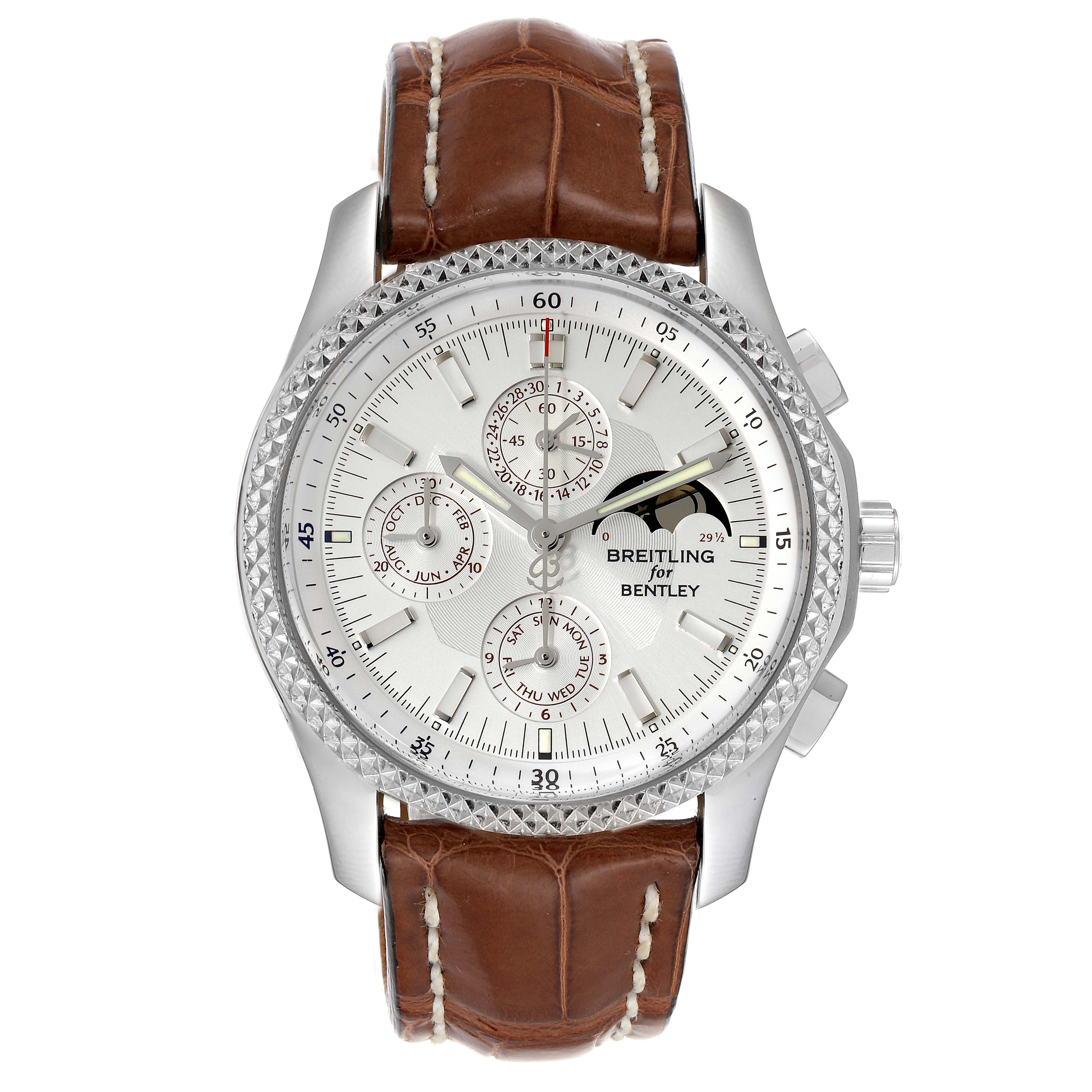 This Breitling Bentley P19362 Men's Stainless Steel Mother of Pearl Dial P19362 Men's Stainless Steel Mother of Pearl Dial model watch is shown from the front, displaying its dial, bezel, and brown leather strap.