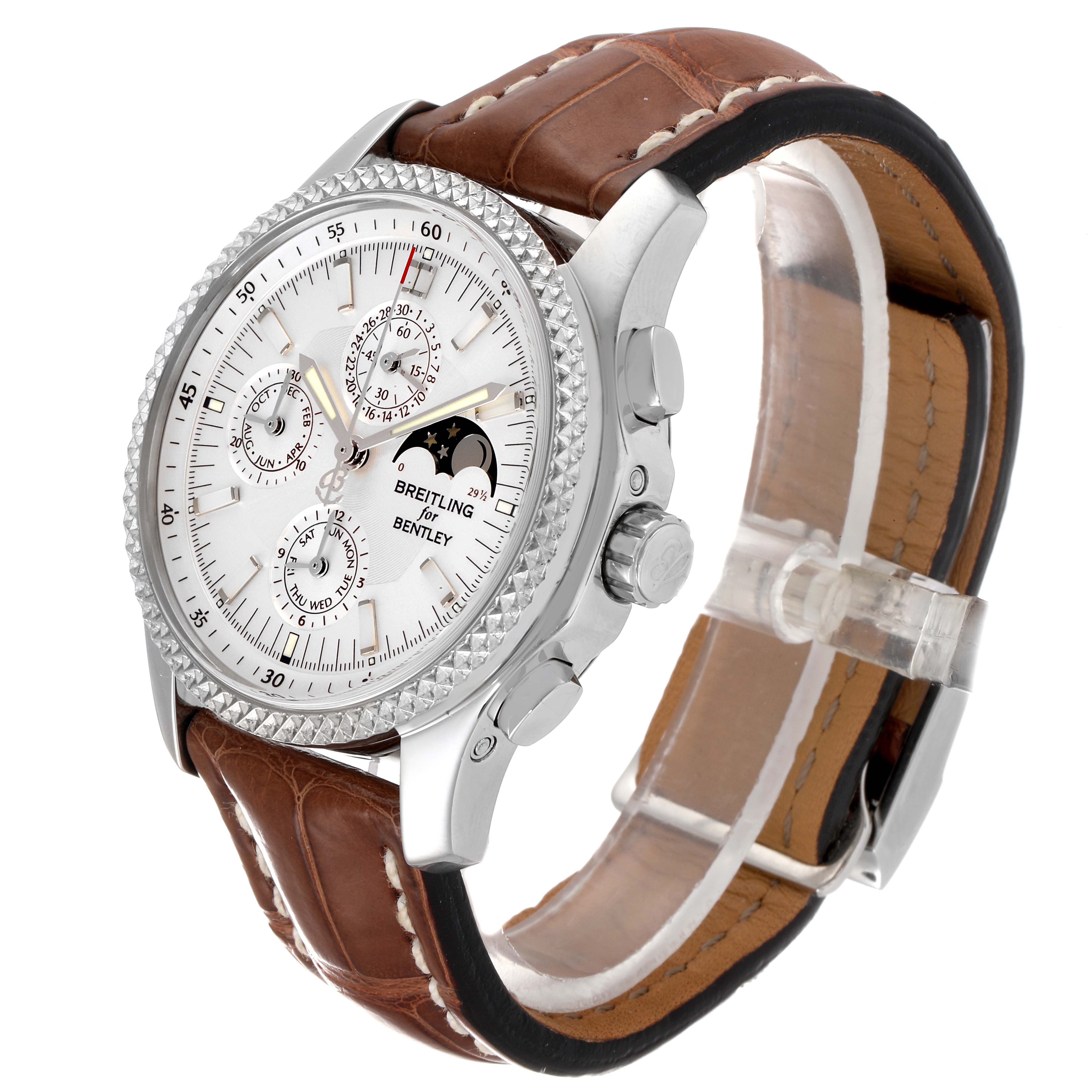 The Bentley model by Breitling is shown from an angled side view, highlighting the face, side buttons, and brown leather strap.