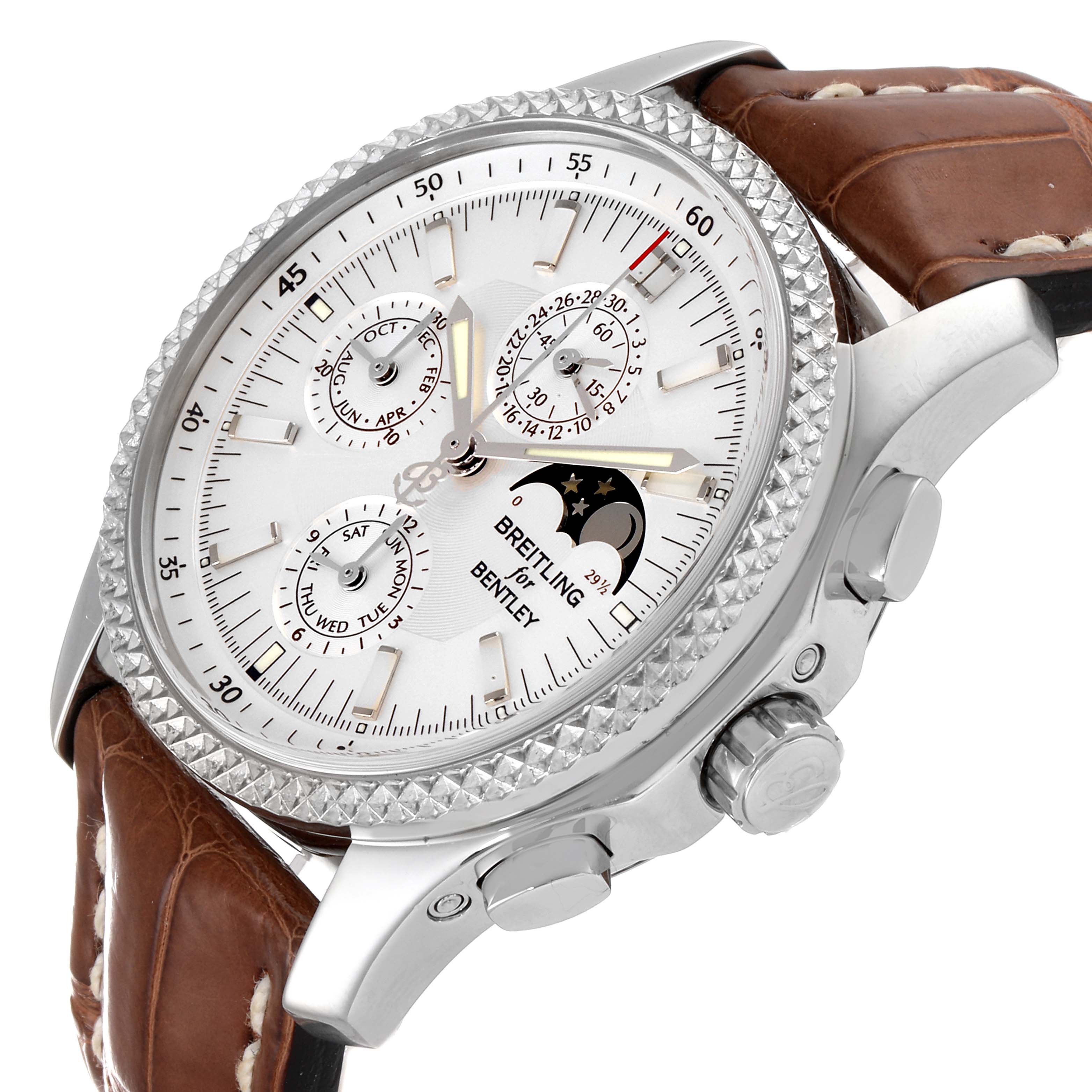 The image shows a close-up, angled view of the Breitling Bentley P19362 Men's Stainless Steel Mother of Pearl Dial P19362 Men's Stainless Steel Mother of Pearl Dial watch, highlighting the dial, subdials, bezel, and brown leather strap.