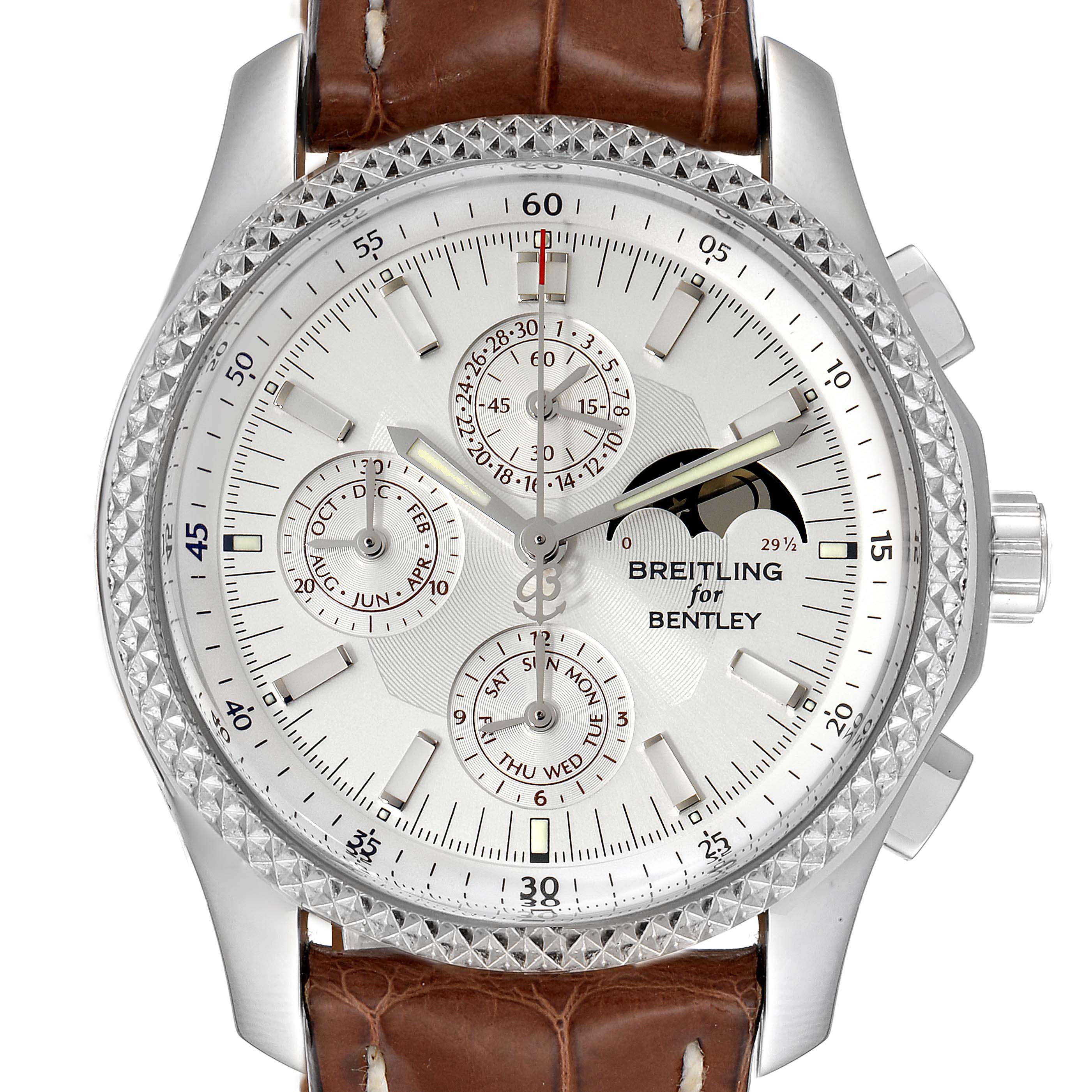 The image shows a front view of the dial and bezel of the Breitling Bentley P19362 Men's Stainless Steel Mother of Pearl Dial P19362 Men's Stainless Steel Mother of Pearl Dial model watch.