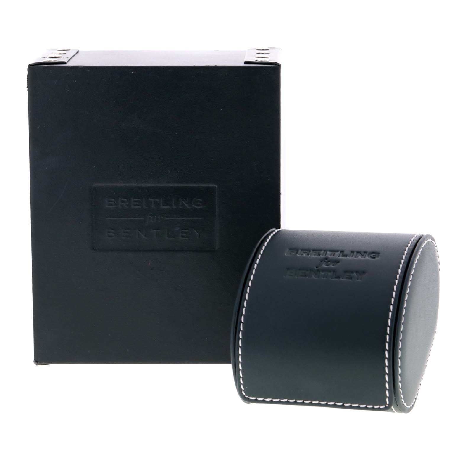 The image shows the box and leather case for the Breitling Bentley P19362 Men's Stainless Steel Mother of Pearl Dial P19362 Men's Stainless Steel Mother of Pearl Dial model watch, front-facing angle.