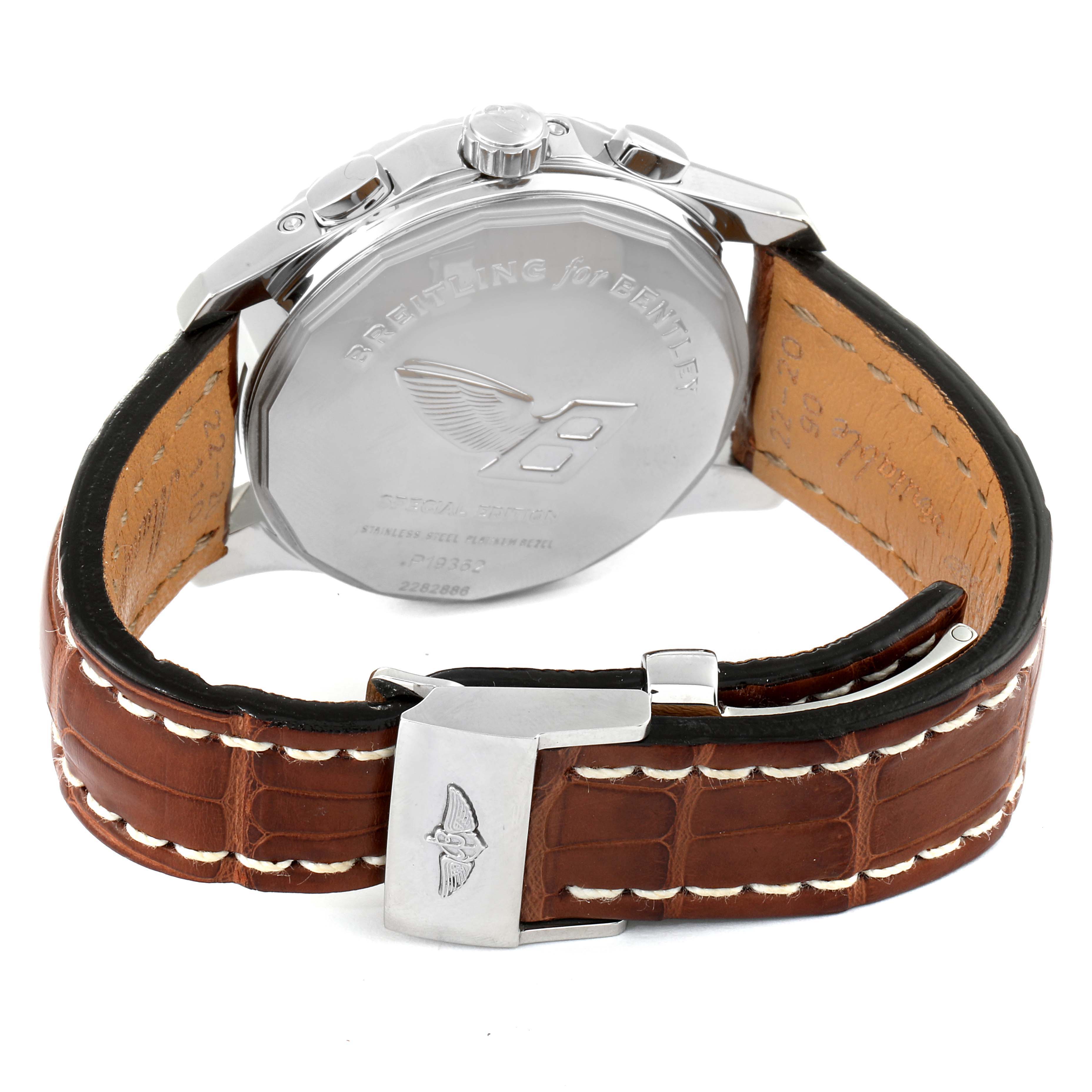 The Breitling Bentley P19362 Men's Stainless Steel Mother of Pearl Dial P19362 Men's Stainless Steel Mother of Pearl Dial model watch is shown from the rear, highlighting the back case, crown, pushers, and brown leather strap.