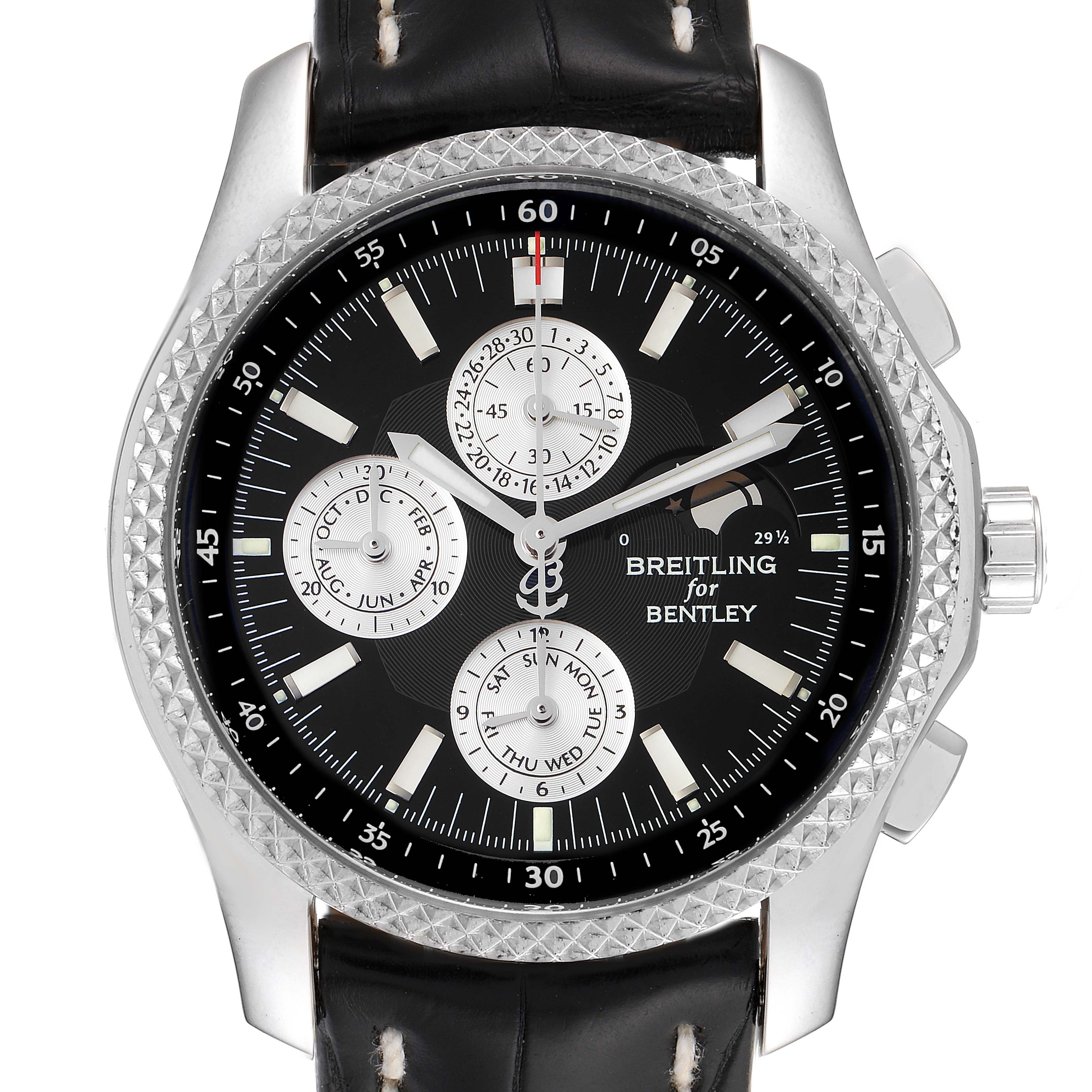 The Breitling Bentley P19362 Men's Stainless Steel Mother of Pearl Dial P19362 Men's Stainless Steel Mother of Pearl Dial watch is shown from a front angle, displaying its dial, bezel, sub-dials, and part of the leather strap.