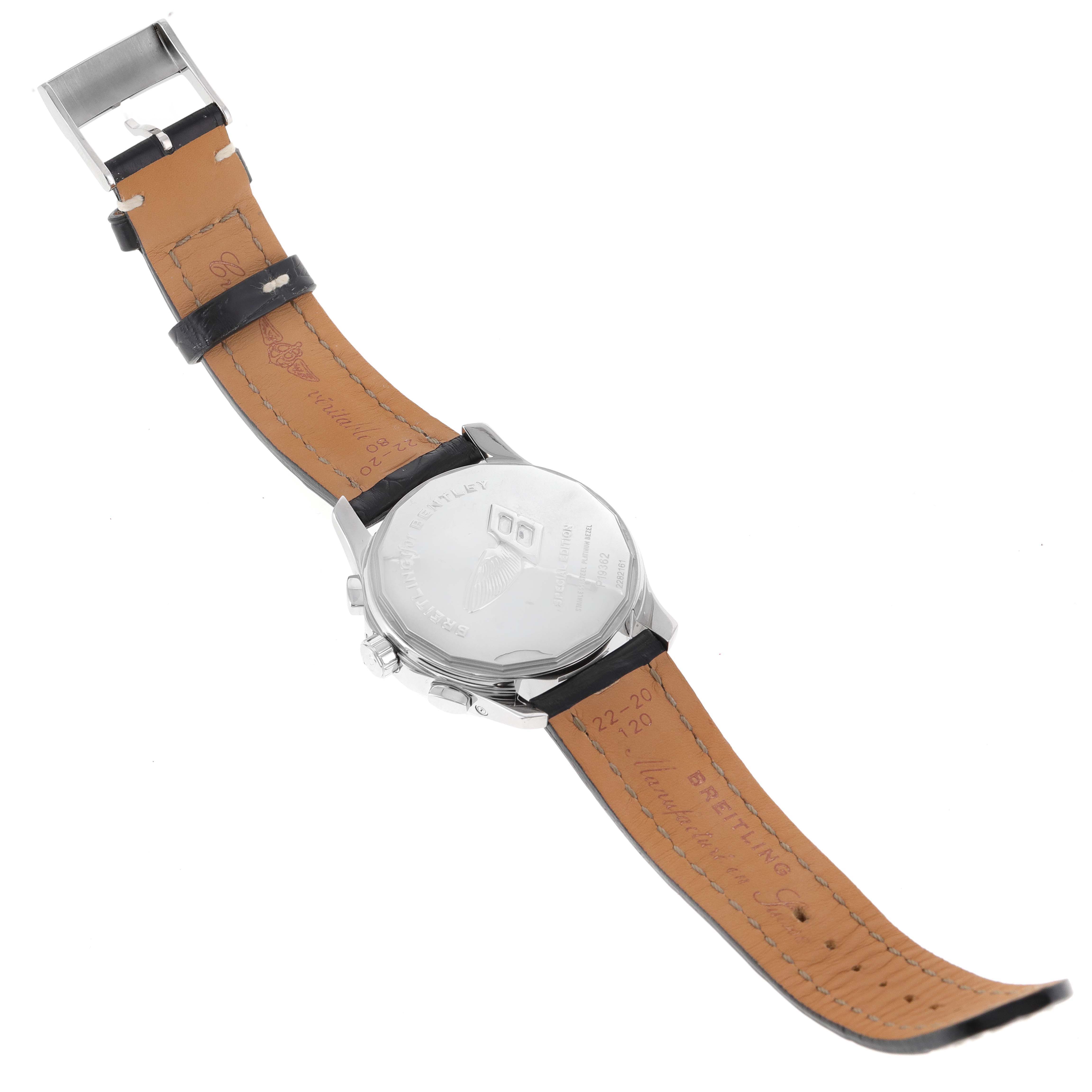 The image shows the back of a Breitling Bentley P19362 Men's Stainless Steel Mother of Pearl Dial P19362 Men's Stainless Steel Mother of Pearl Dial watch, including the strap and buckle.