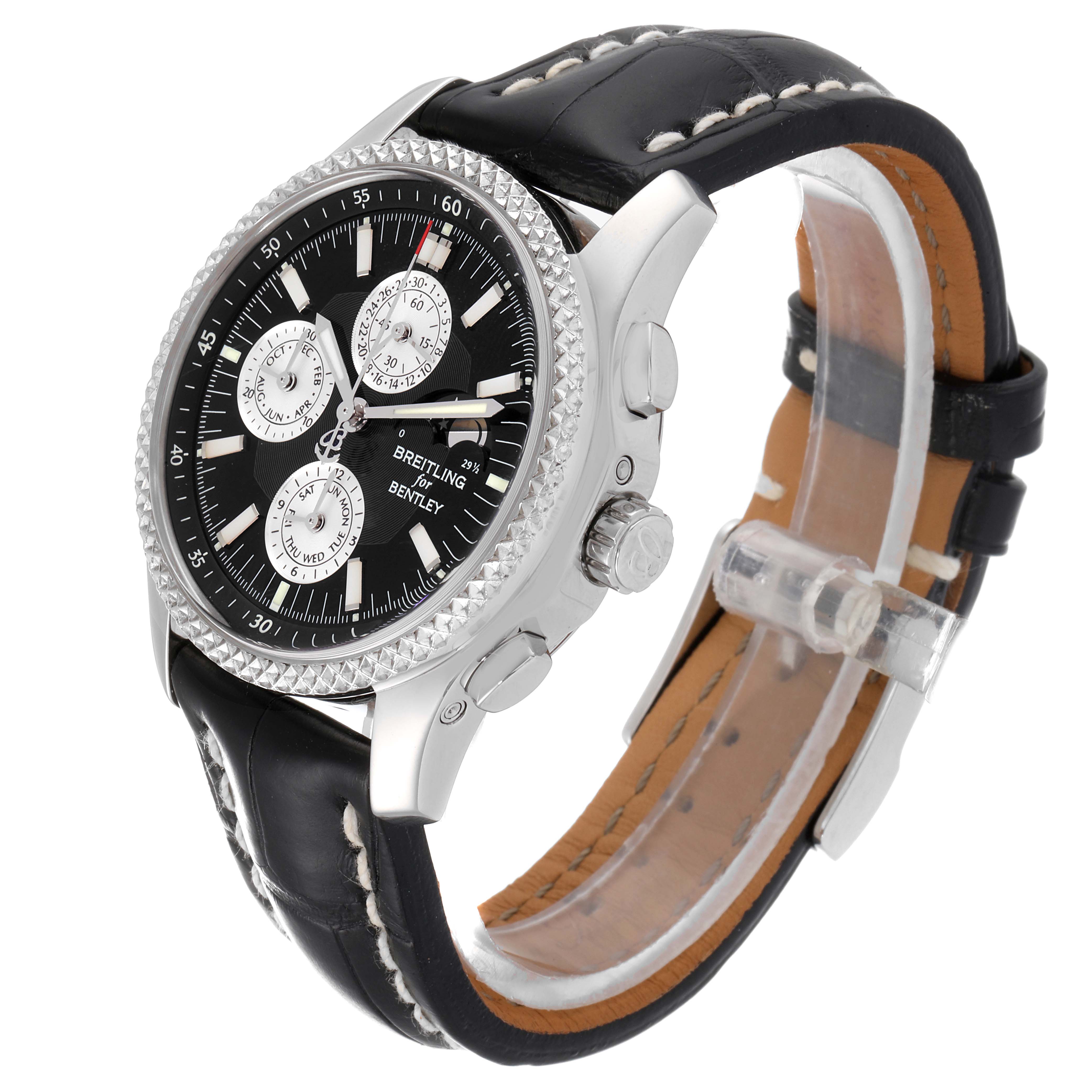 The Breitling Bentley P19362 Men's Stainless Steel Mother of Pearl Dial P19362 Men's Stainless Steel Mother of Pearl Dial watch is shown at a 3/4 angle, displaying the face, bezel, crown, and leather strap.